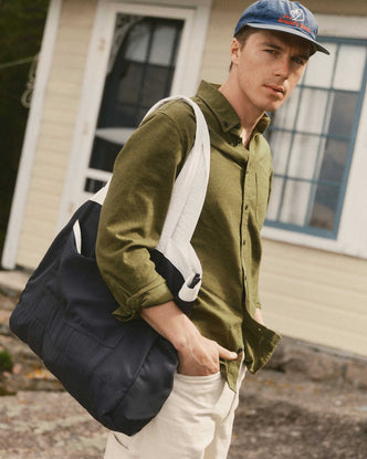 fit model showing off The Deck Tote in Navy Twill