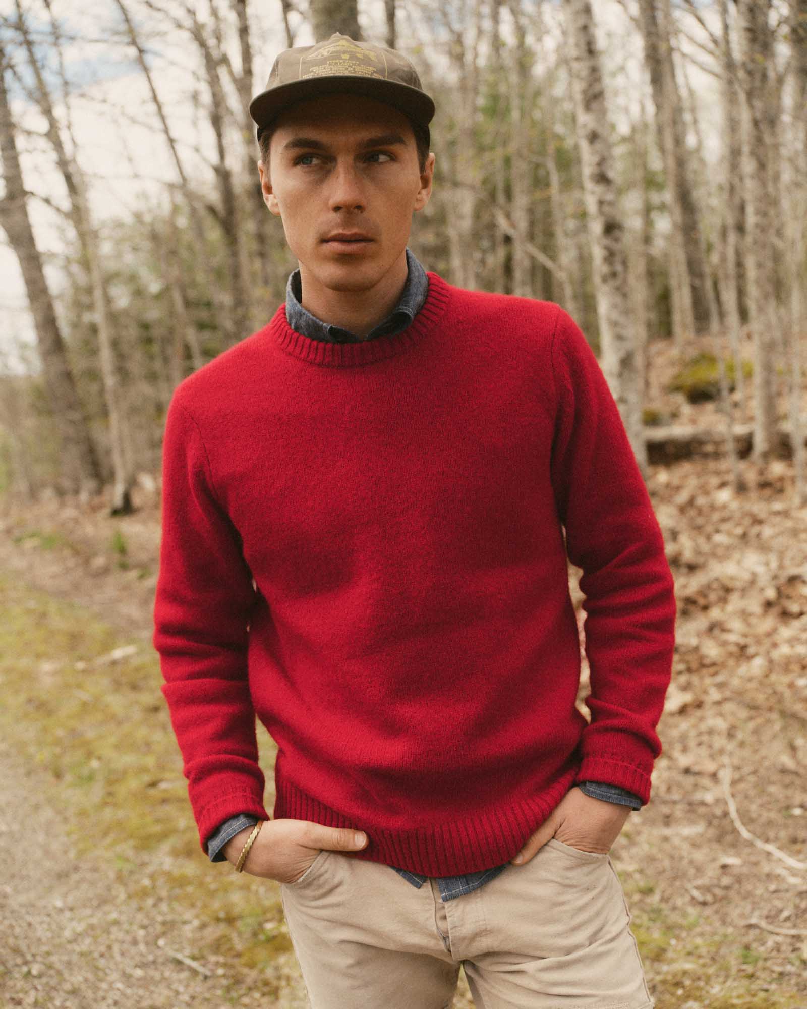 fit model showing off The Eastmoor Sweater in Claret Wool, Knits by Taylor Stitch