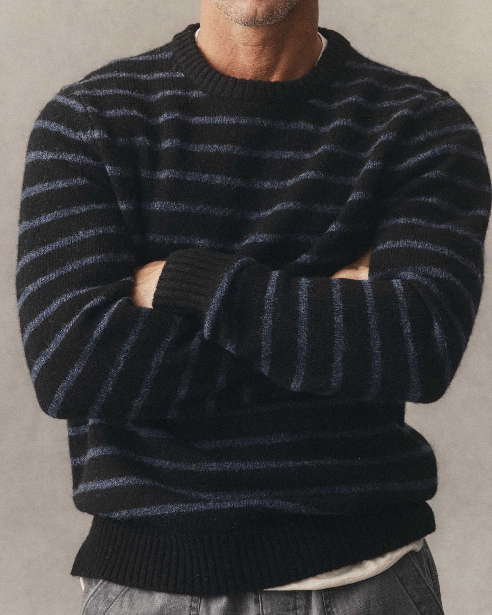 fit model showing off The Eastmoor Sweater in Coal Stripe Wool, Knits by Taylor Stitch
