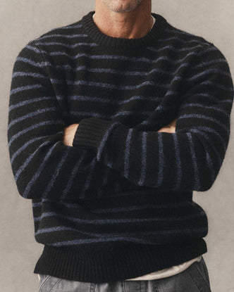 fit model showing off The Eastmoor Sweater in Coal Stripe Wool