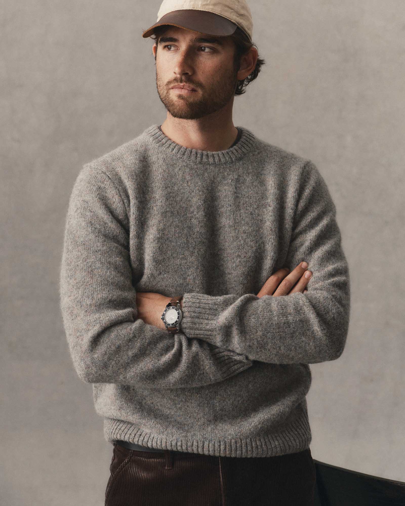 fit model posing in The Eastmoor Sweater in Glen Wool, Knits by Taylor Stitch