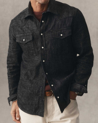 fit model showing off The Glacier Shirt in Black Indigo Hemp Denim
