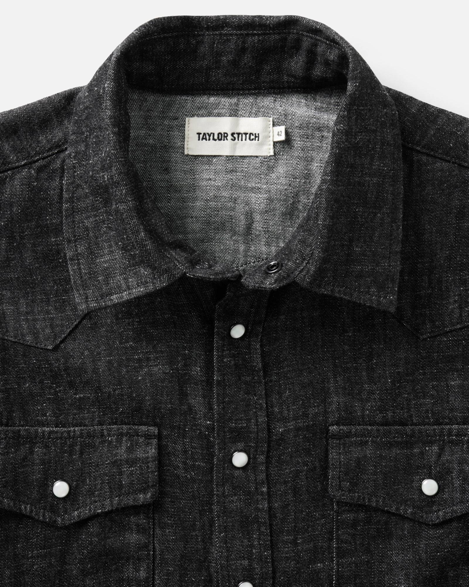 material shot of the collar on The Glacier Shirt in Black Indigo Hemp Denim, Wovens by Taylor Stitch