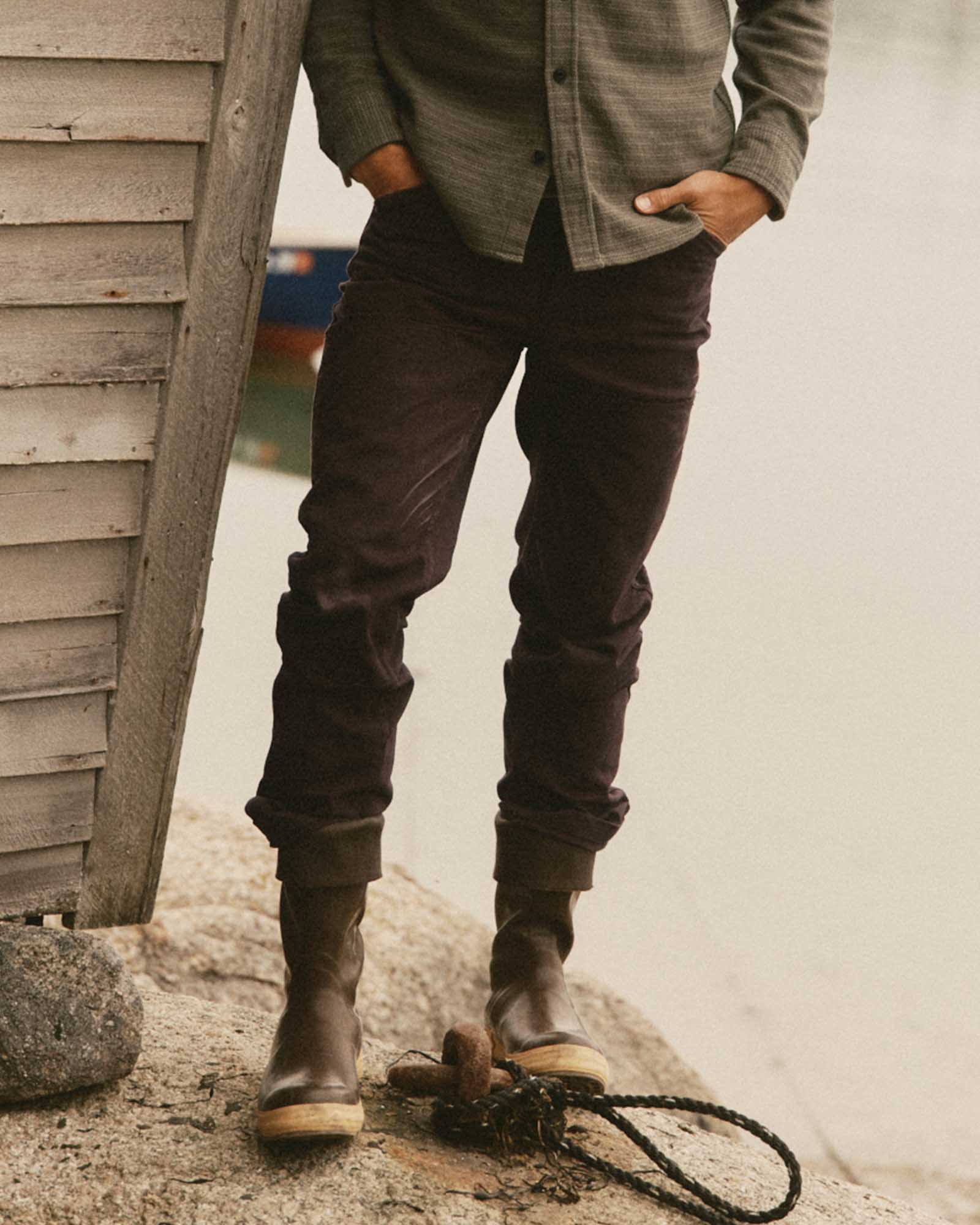fit model posing in The Good Acre Chore Pant in Coffee Canvas, Bottoms by Taylor Stitch