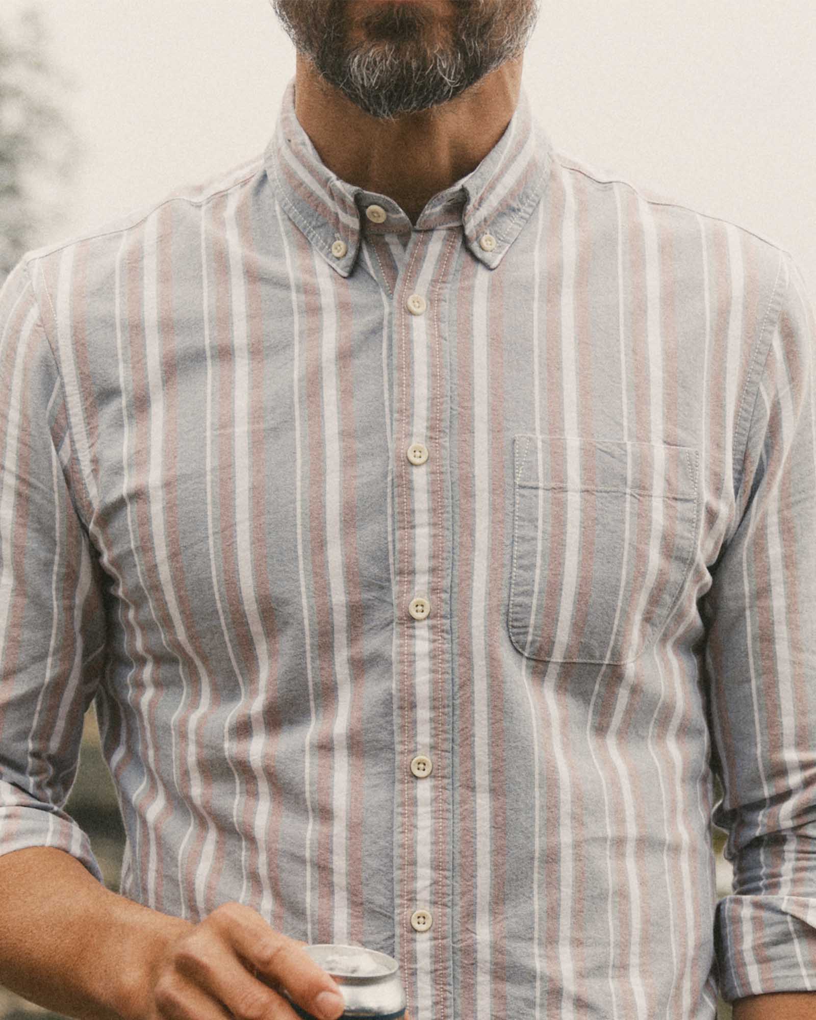 fit model showing off The Jack in Daybreak Stripe Oxford, Wovens by Taylor Stitch
