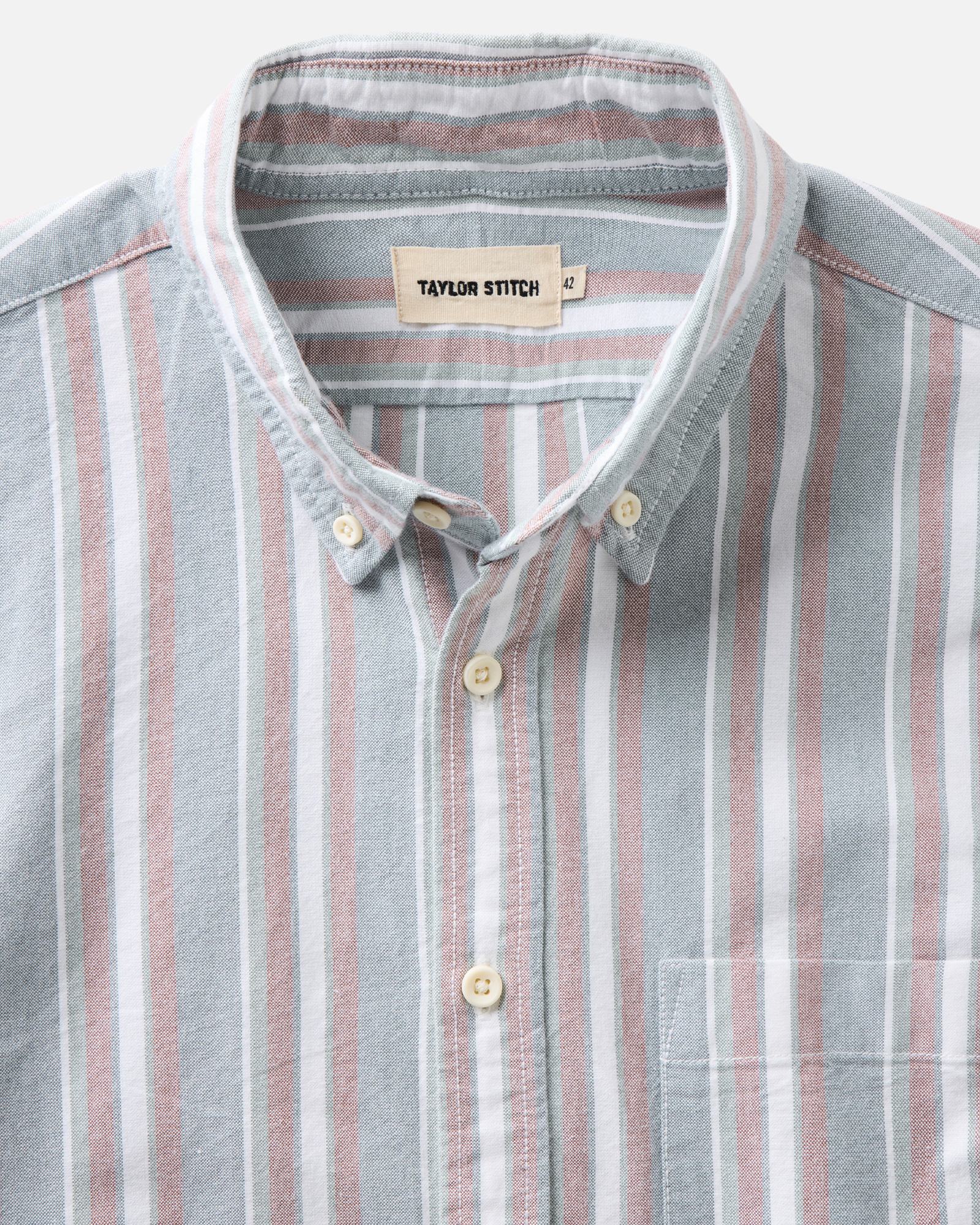material shot of the collar on The Jack in Daybreak Stripe Oxford, Wovens by Taylor Stitch