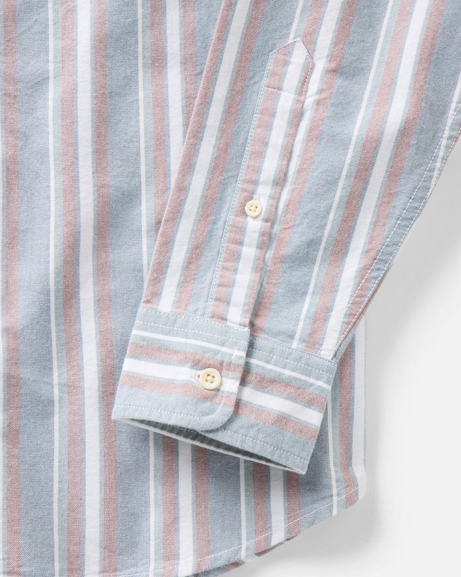 material shot of the sleeve on The Jack in Daybreak Stripe Oxford, Wovens by Taylor Stitch