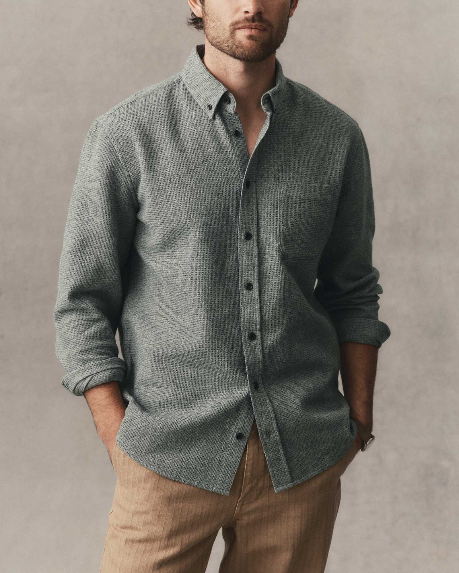 fit model posing in The Jack in Pine Twist Waffle, Wovens by Taylor Stitch