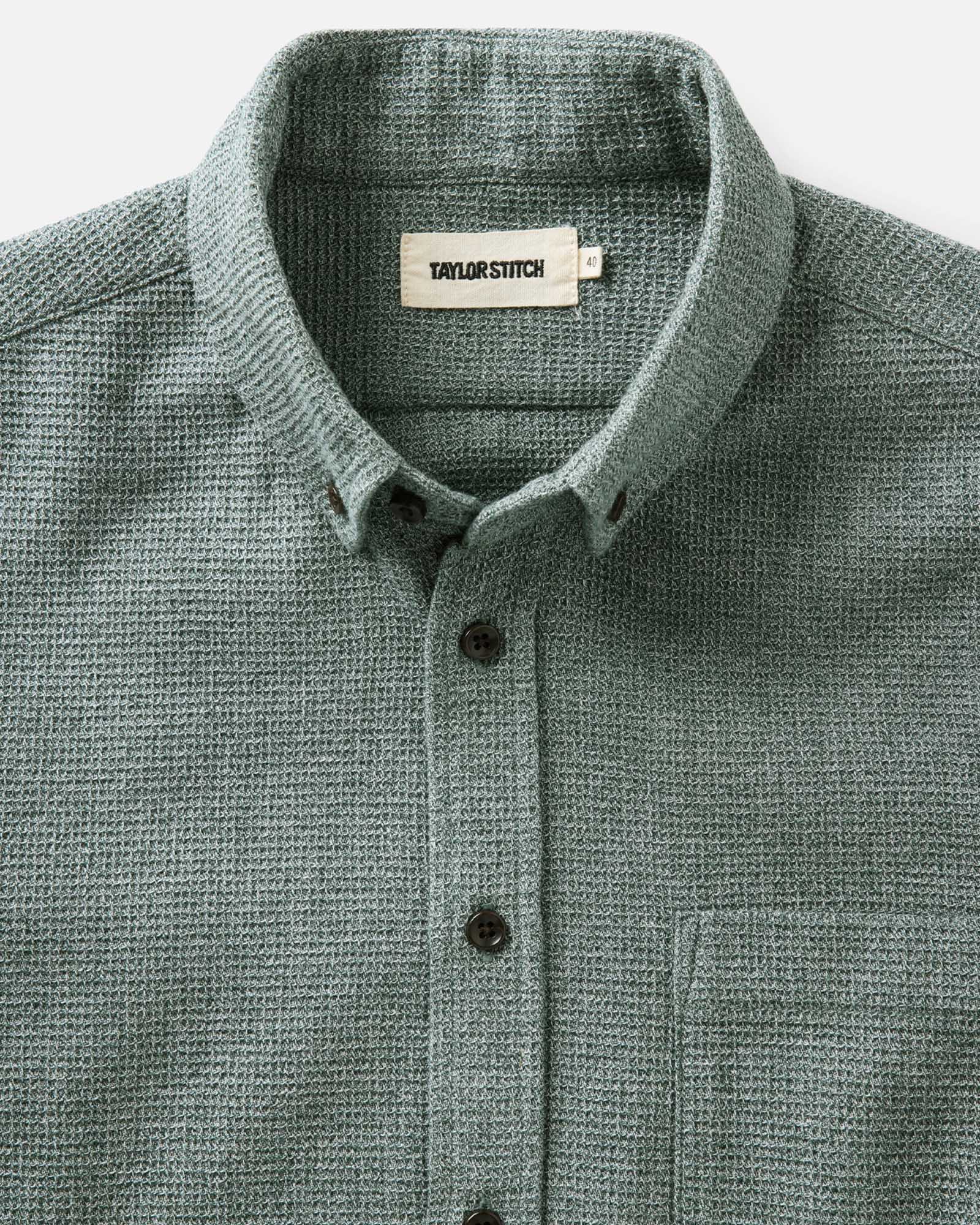 material shot of the collar on The Jack in Pine Twist Waffle, Wovens by Taylor Stitch
