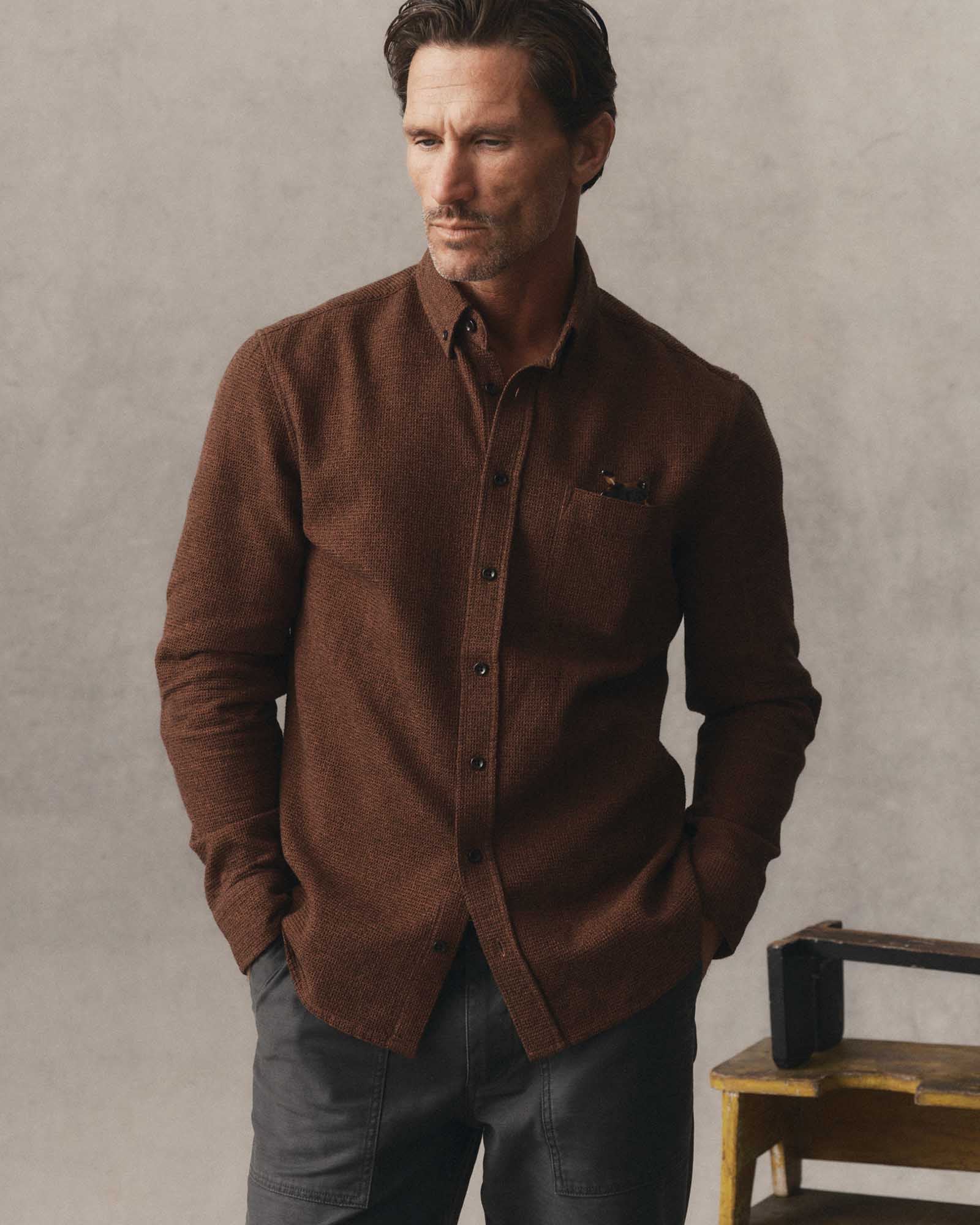 fit model showing off The Jack in Timber Twist Waffle, Wovens by Taylor Stitch