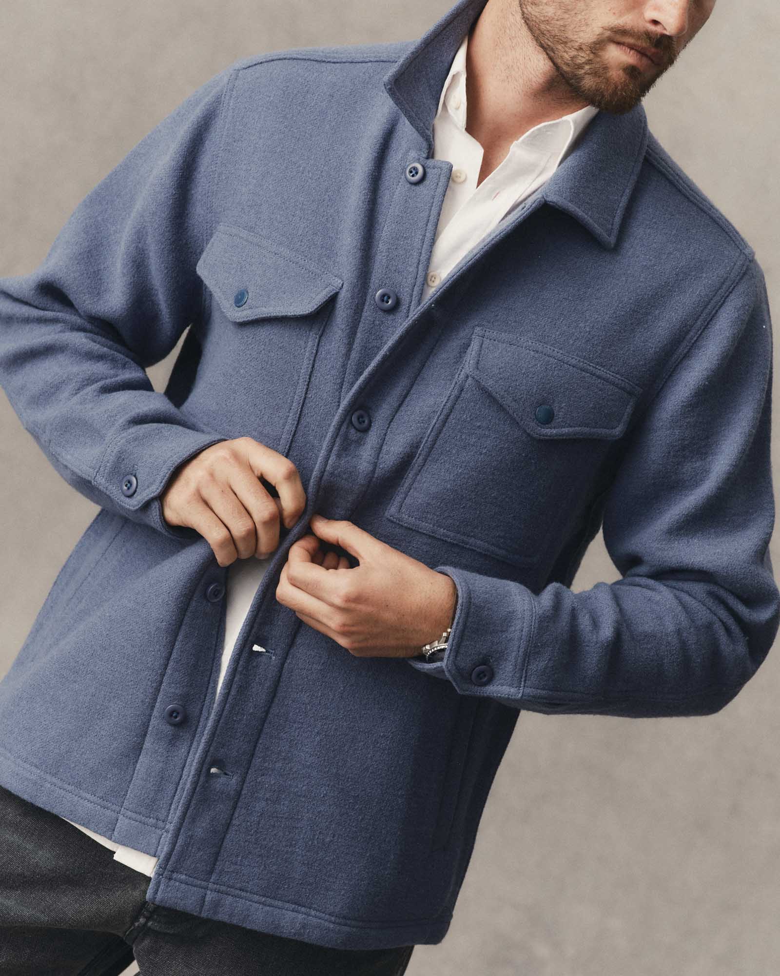 fit model buttoning up The Kenne Shirt Jacket in Blue Fog Cotton Wool Crepe, Outerwear by Taylor Stitch