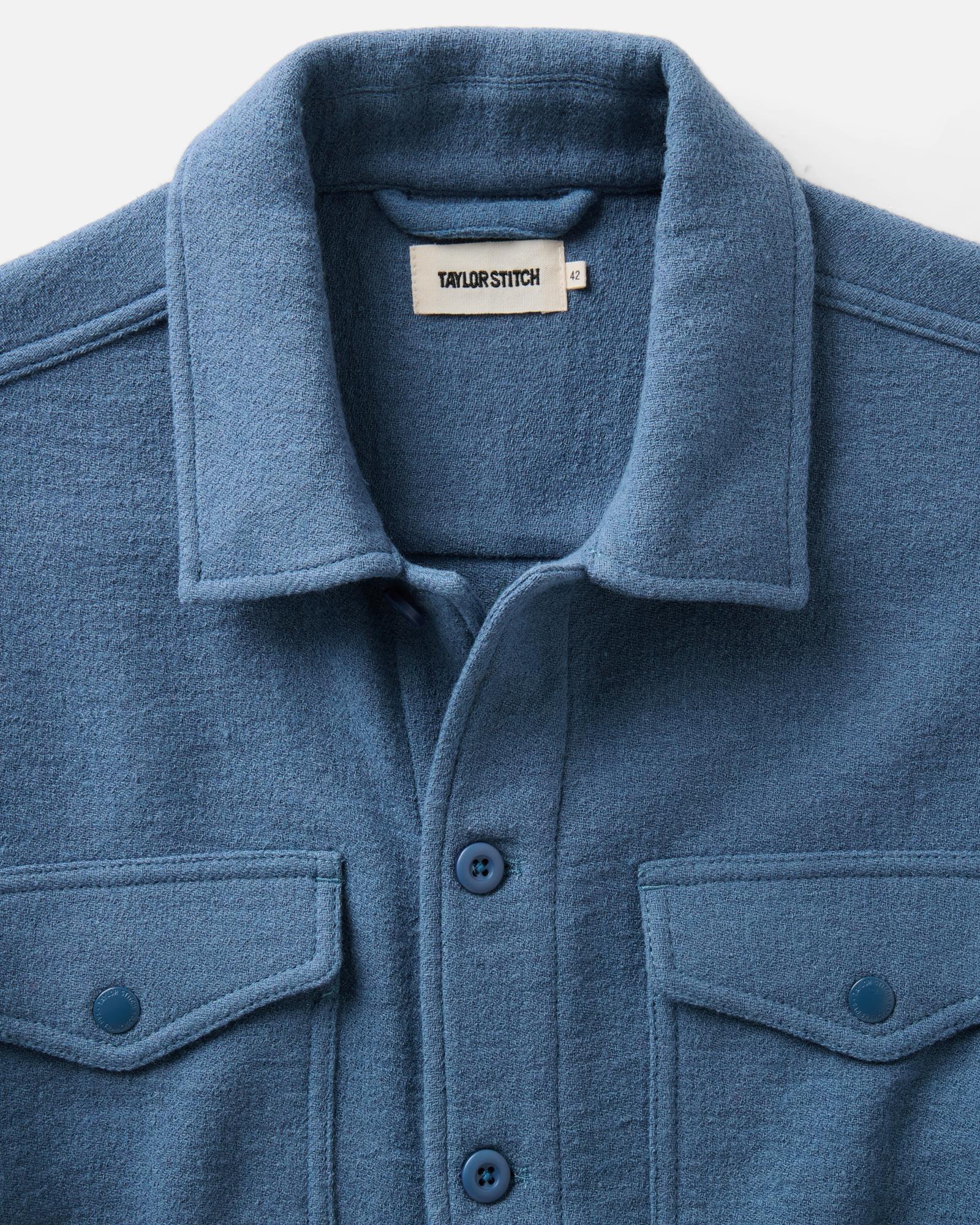 material shot of the collar on The Kenne Shirt Jacket in Blue Fog Cotton Wool Crepe, Outerwear by Taylor Stitch