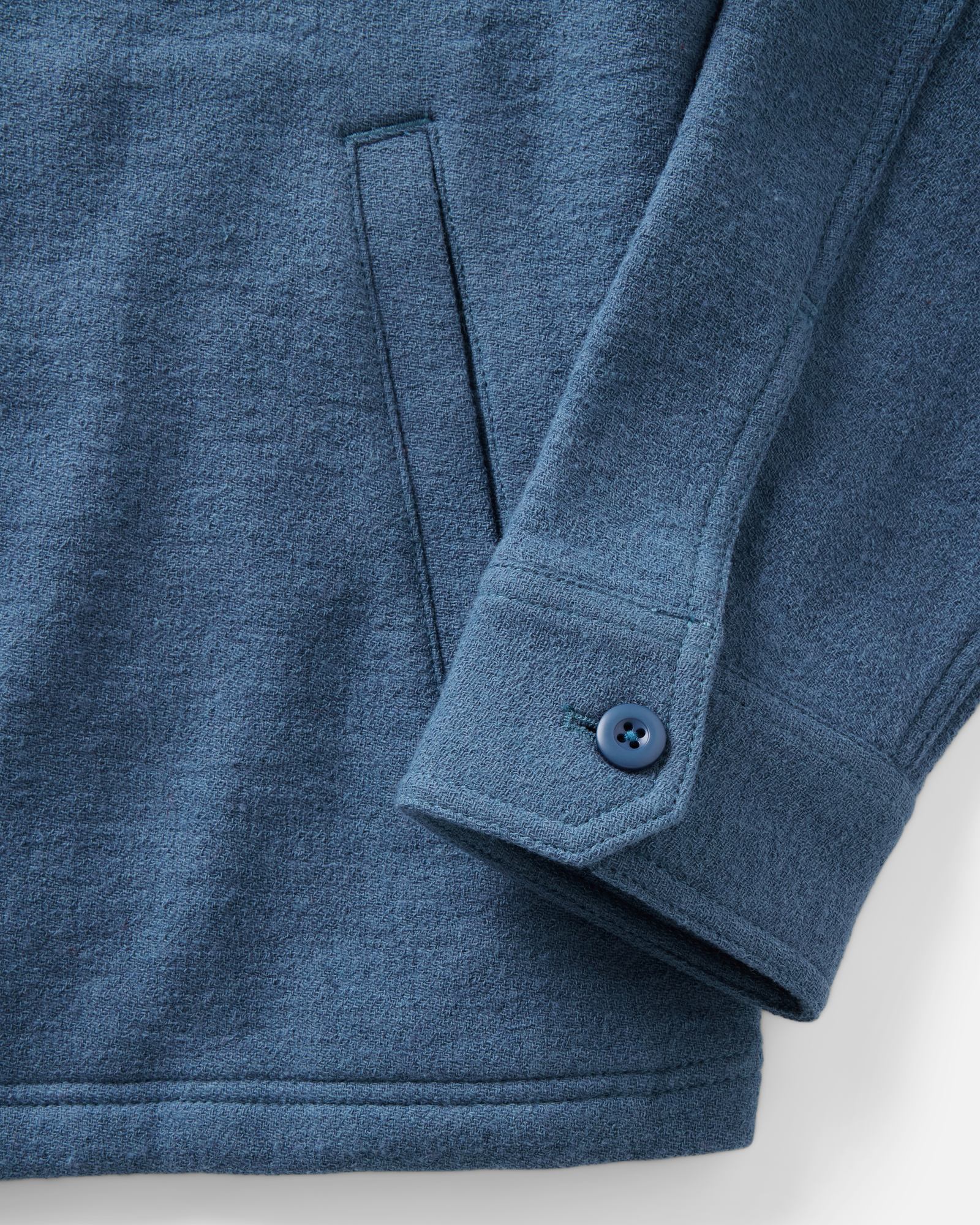 material shot of the sleeve on The Kenne Shirt Jacket in Blue Fog Cotton Wool Crepe, Outerwear by Taylor Stitch