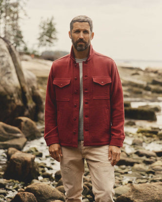 fit model posing in The Kenne Shirt Jacket in Canyon Cotton Wool Crepe