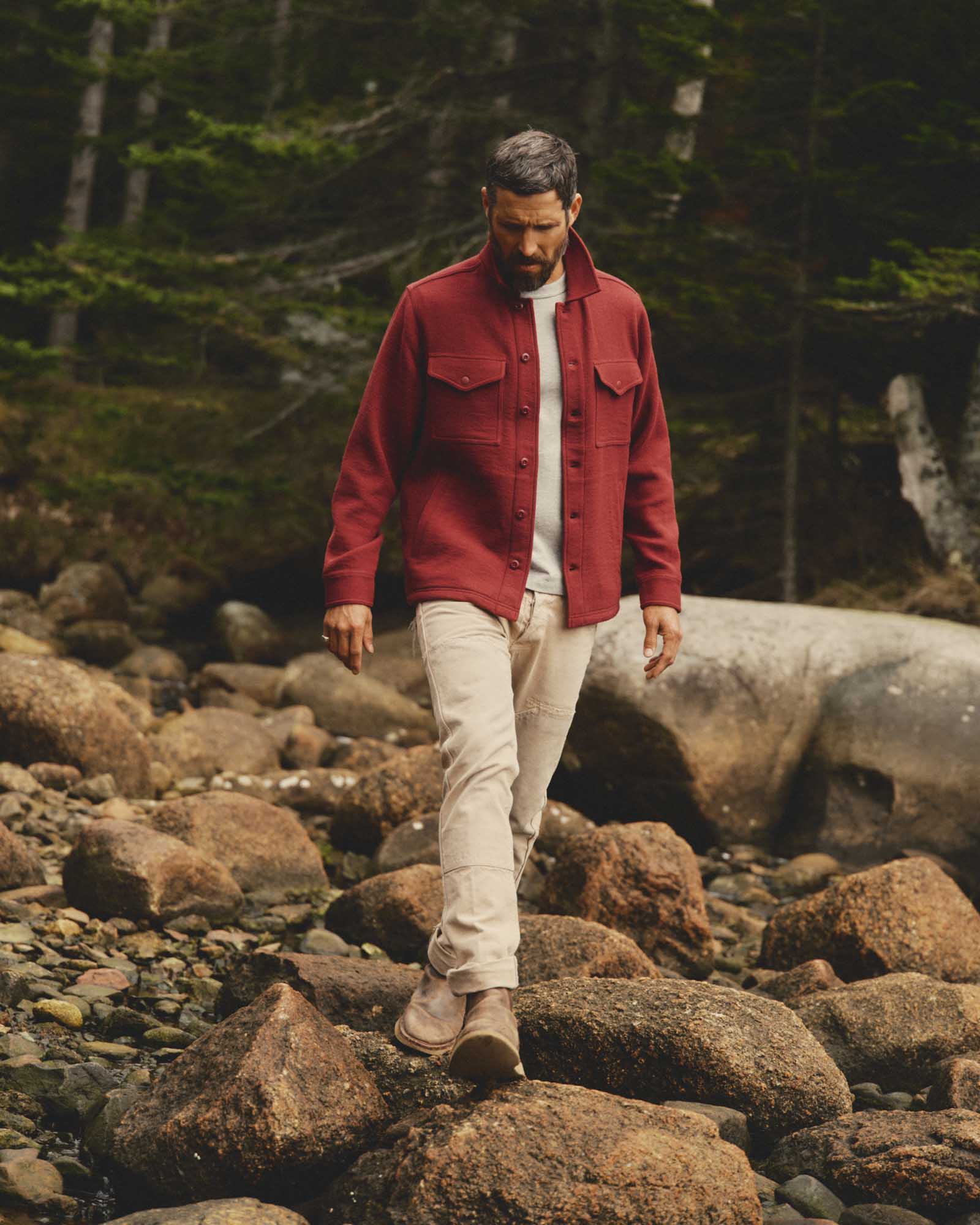 fit model walking wearing The Kenne Shirt Jacket in Canyon Cotton Wool Crepe, Outerwear by Taylor Stitch