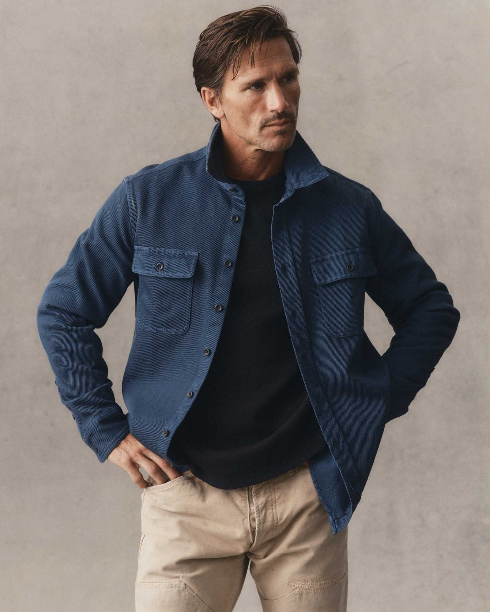 fit model posing in The Ledge Shirt in Atlantic Twill, Wovens by Taylor Stitch