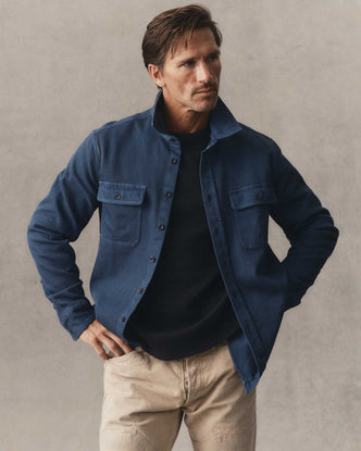 fit model posing in The Ledge Shirt in Atlantic Twill