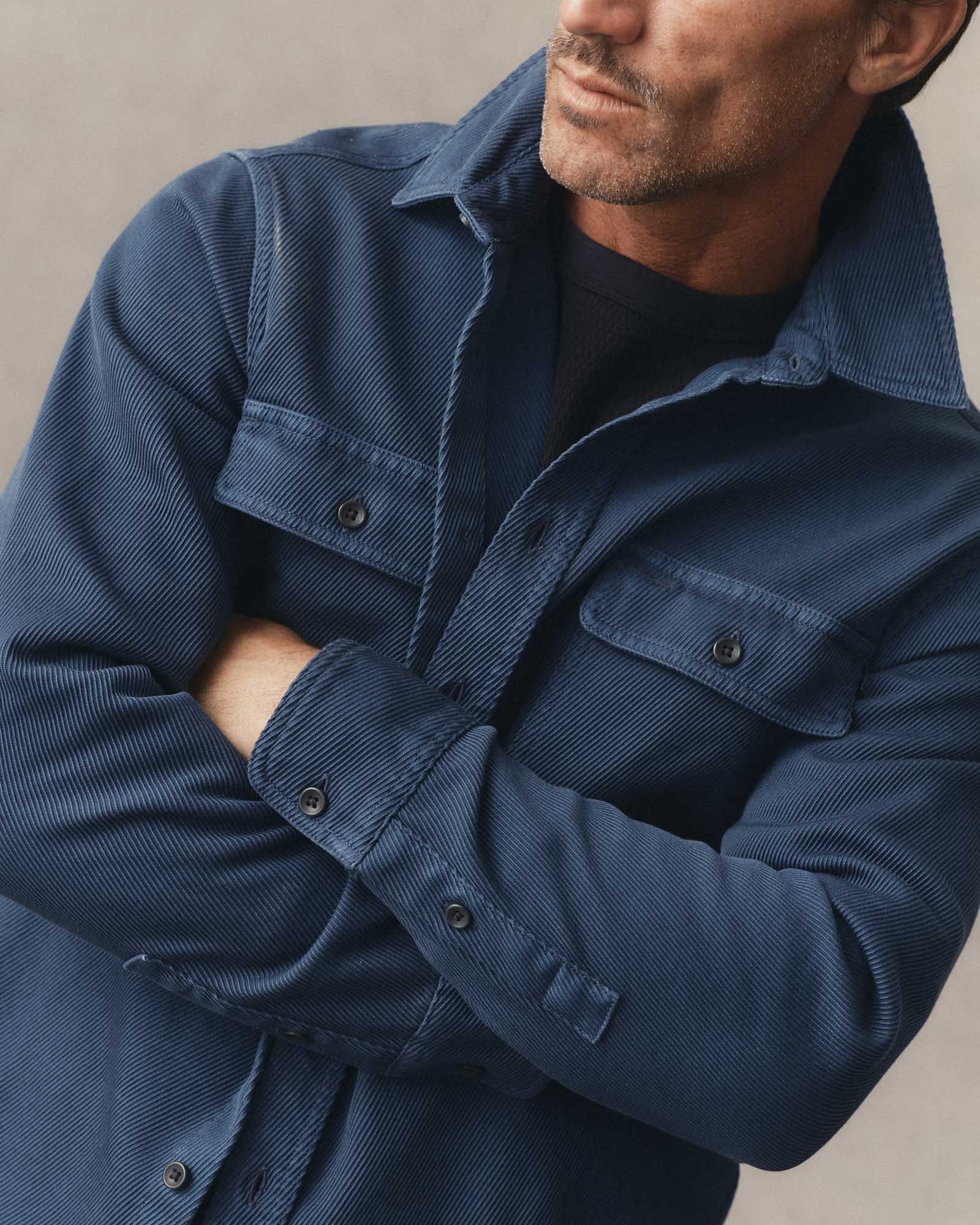 fit model showing off The Ledge Shirt in Atlantic Twill, Wovens by Taylor Stitch
