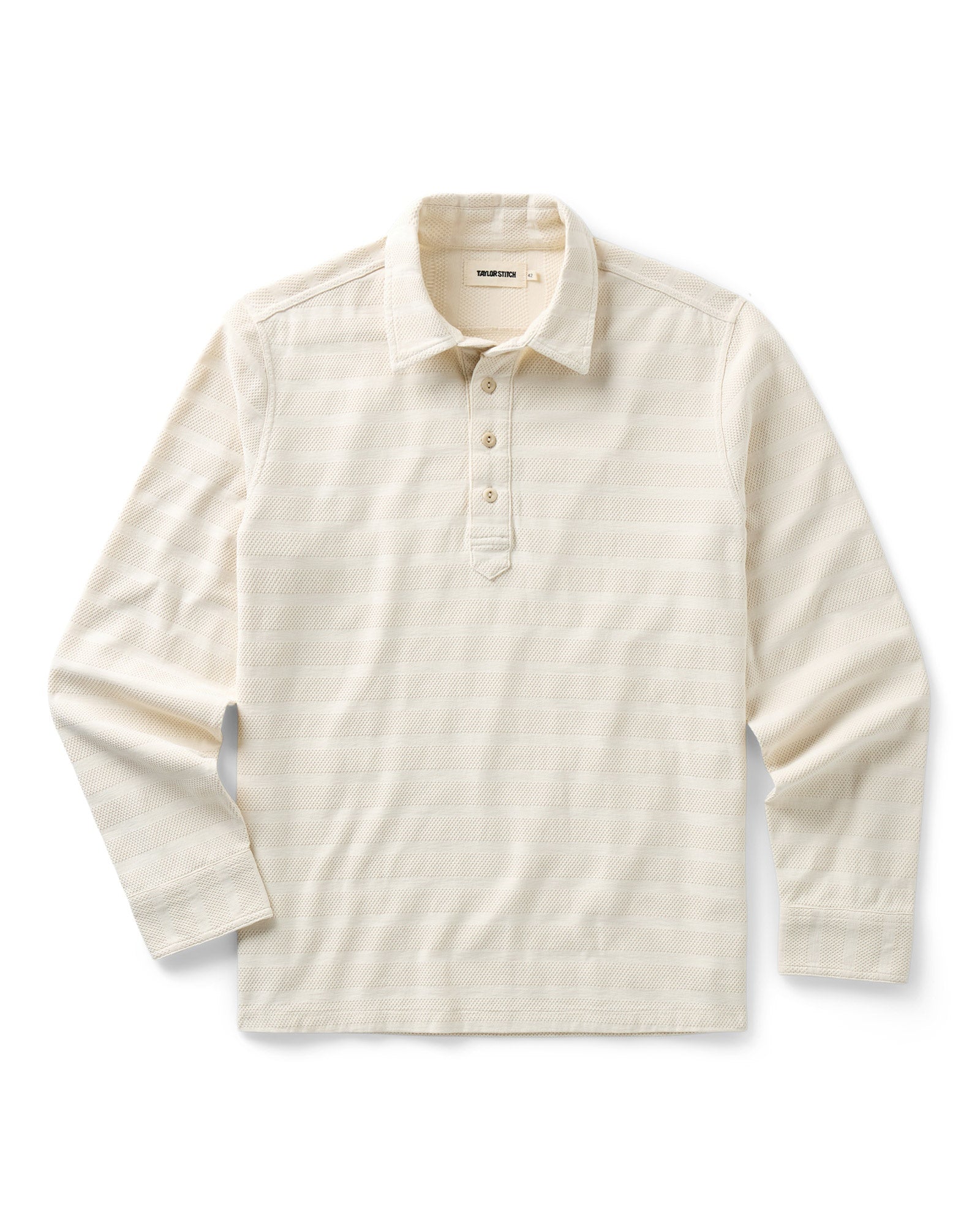 flatlay of The Long Sleeve Polo in Vintage White Knit Stripe, Knits by Taylor Stitch