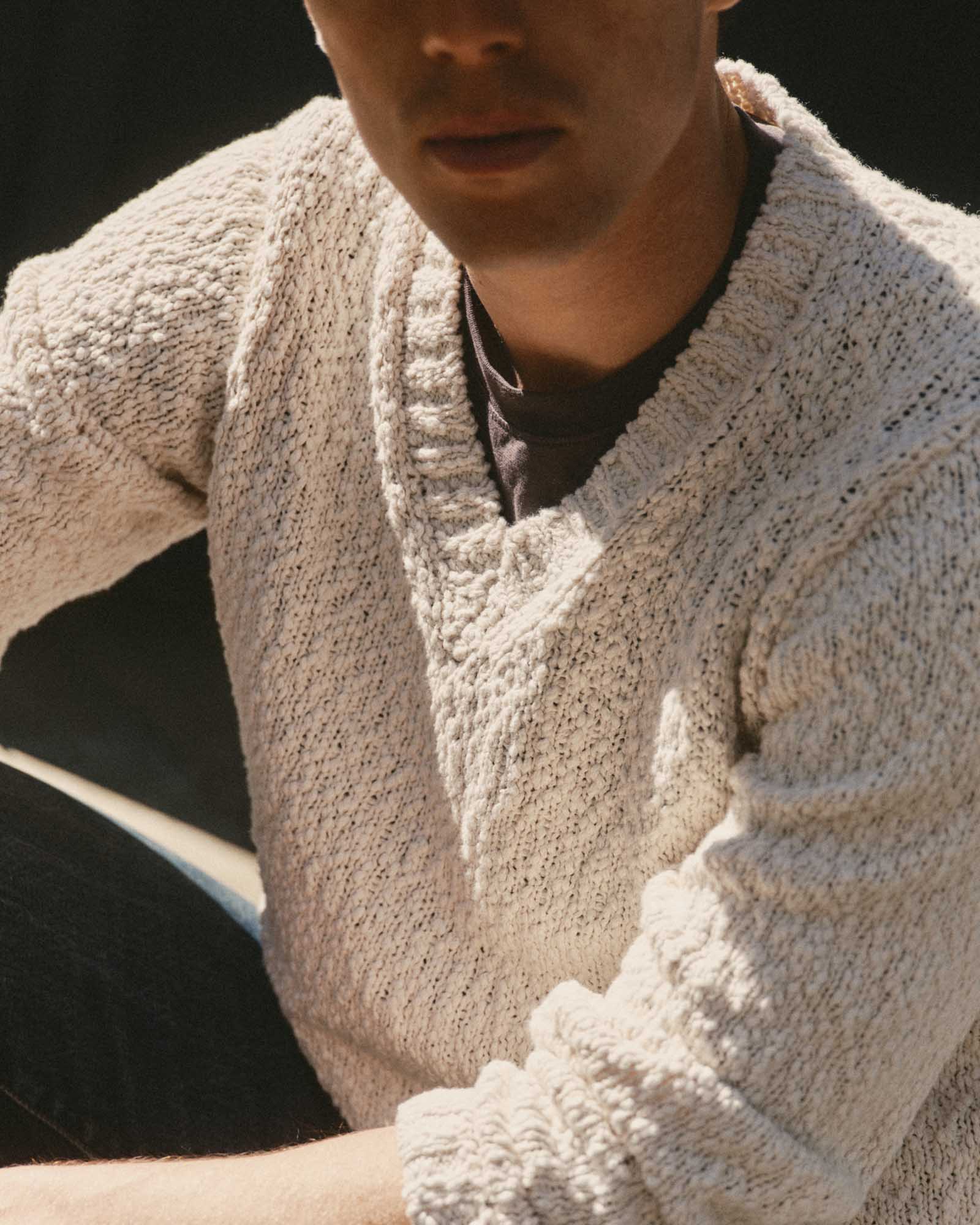 fit model showing off the texture on The Match V-Neck Sweater in Vintage White Slub, Knits by Taylor Stitch