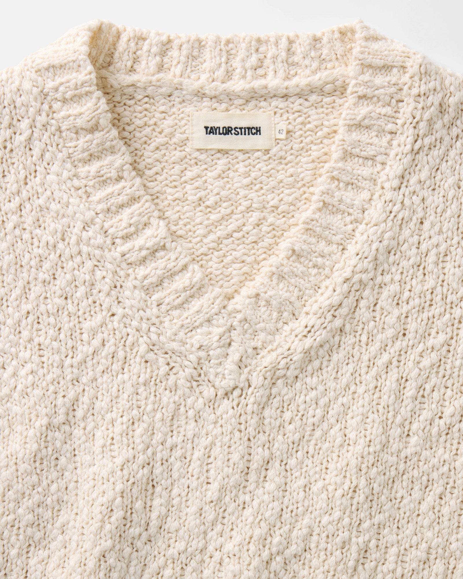 material shot of the collar on The Match V-Neck Sweater in Vintage White Slub, Knits by Taylor Stitch