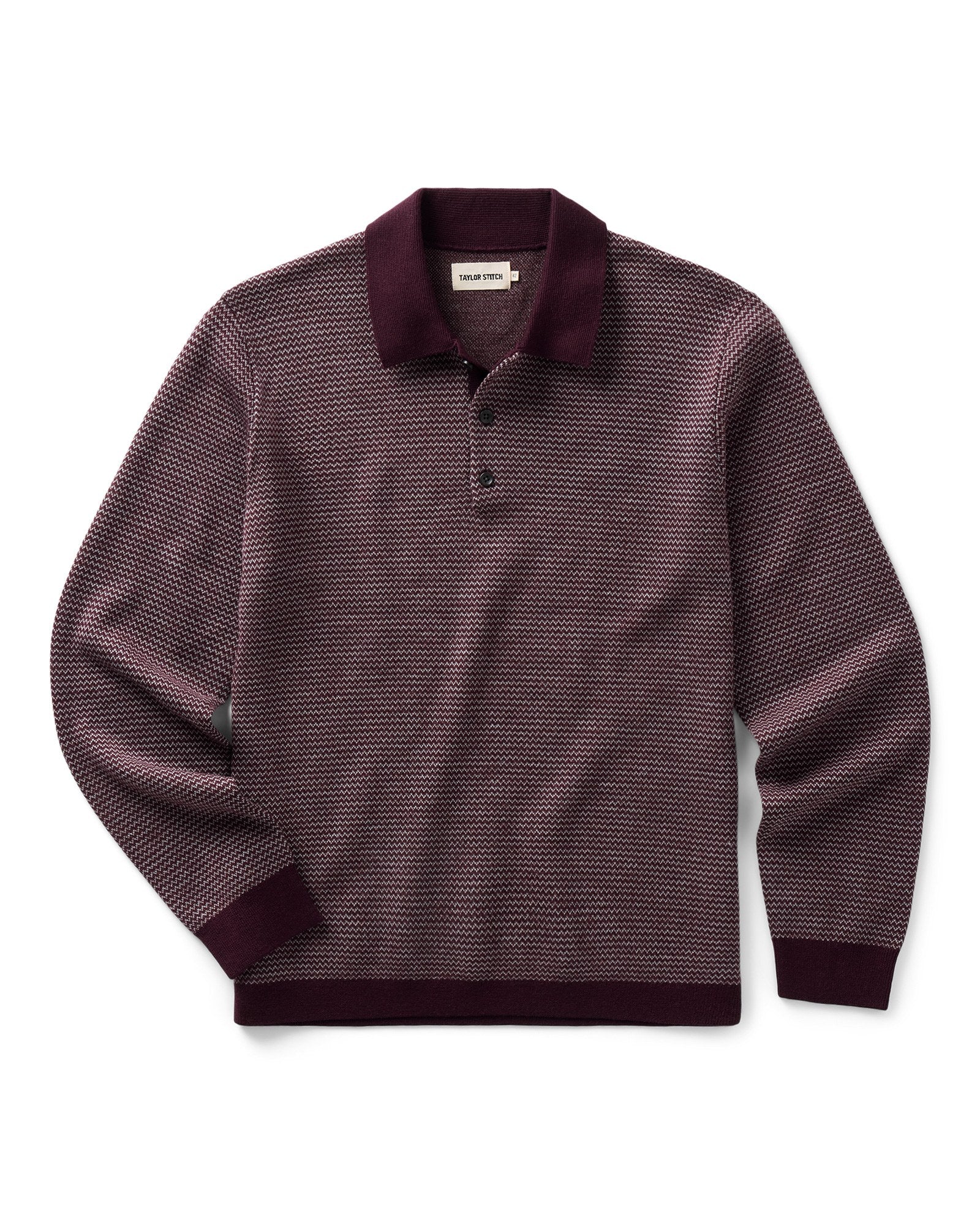 flatlay of The Newton Sweater Polo in Burgundy Birdseye Merino, Knits by Taylor Stitch