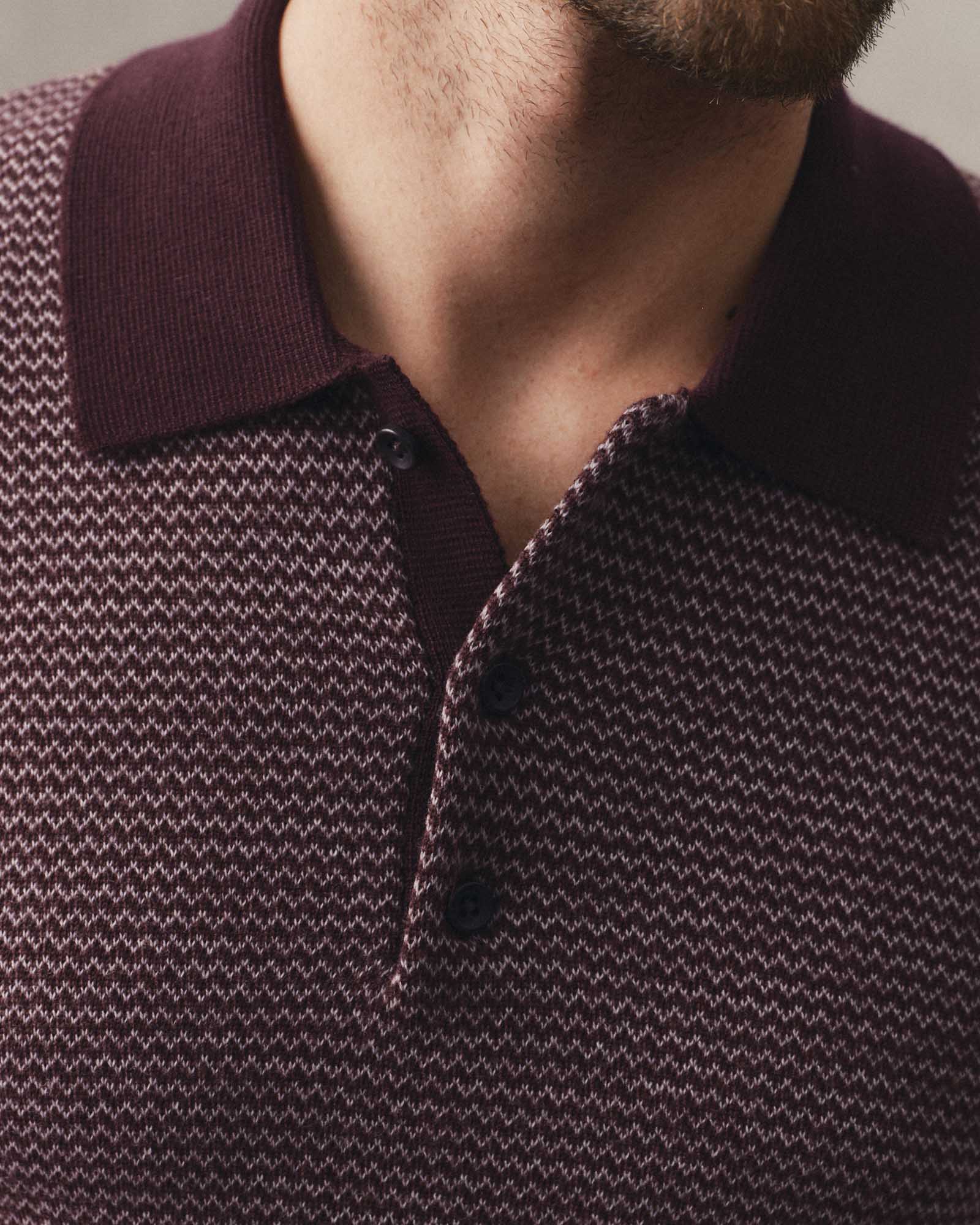 fit model showing off the collar on The Newton Sweater Polo in Burgundy Birdseye Merino, Knits by Taylor Stitch