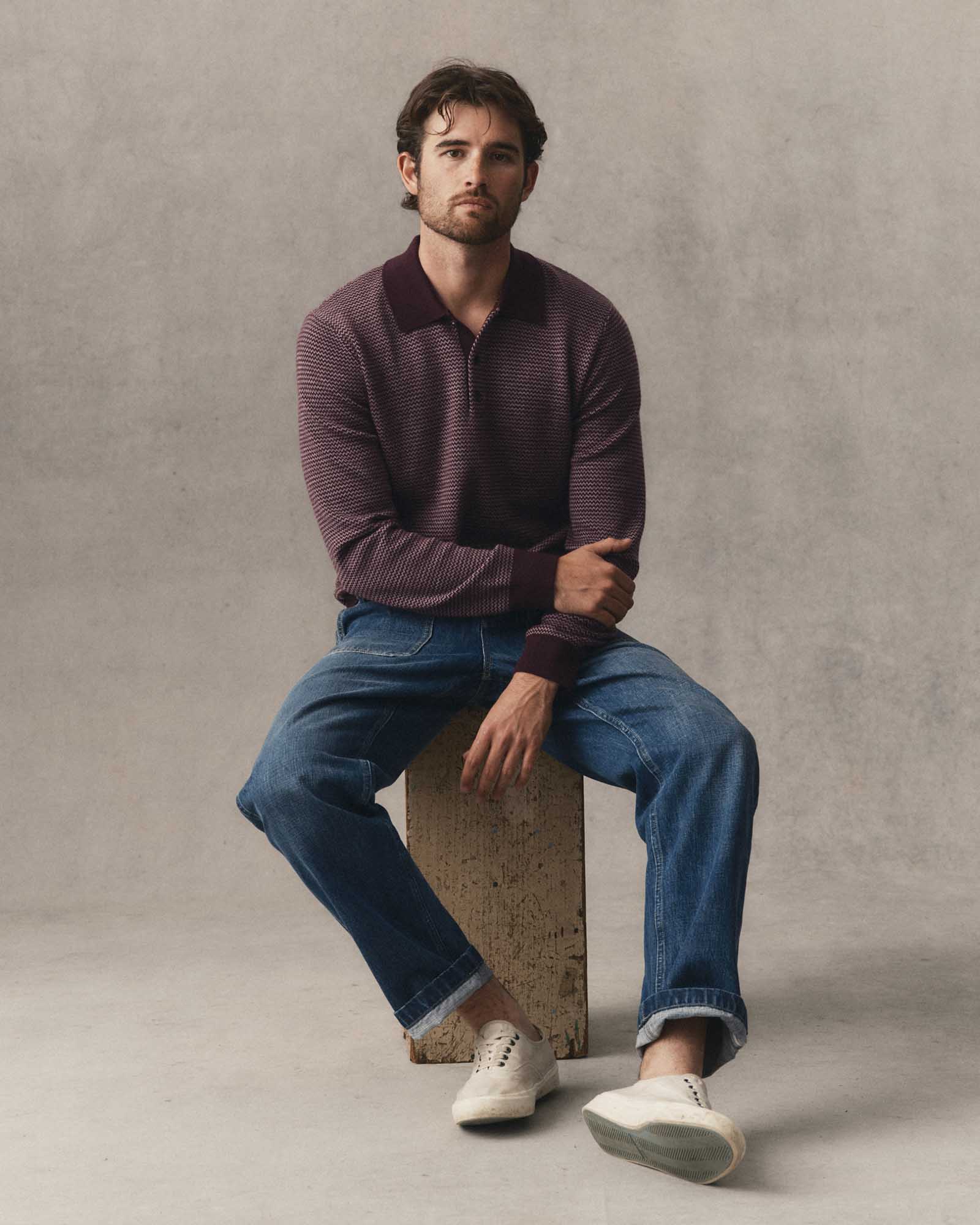 fit model showing off The Newton Sweater Polo in Burgundy Birdseye Merino, Knits by Taylor Stitch