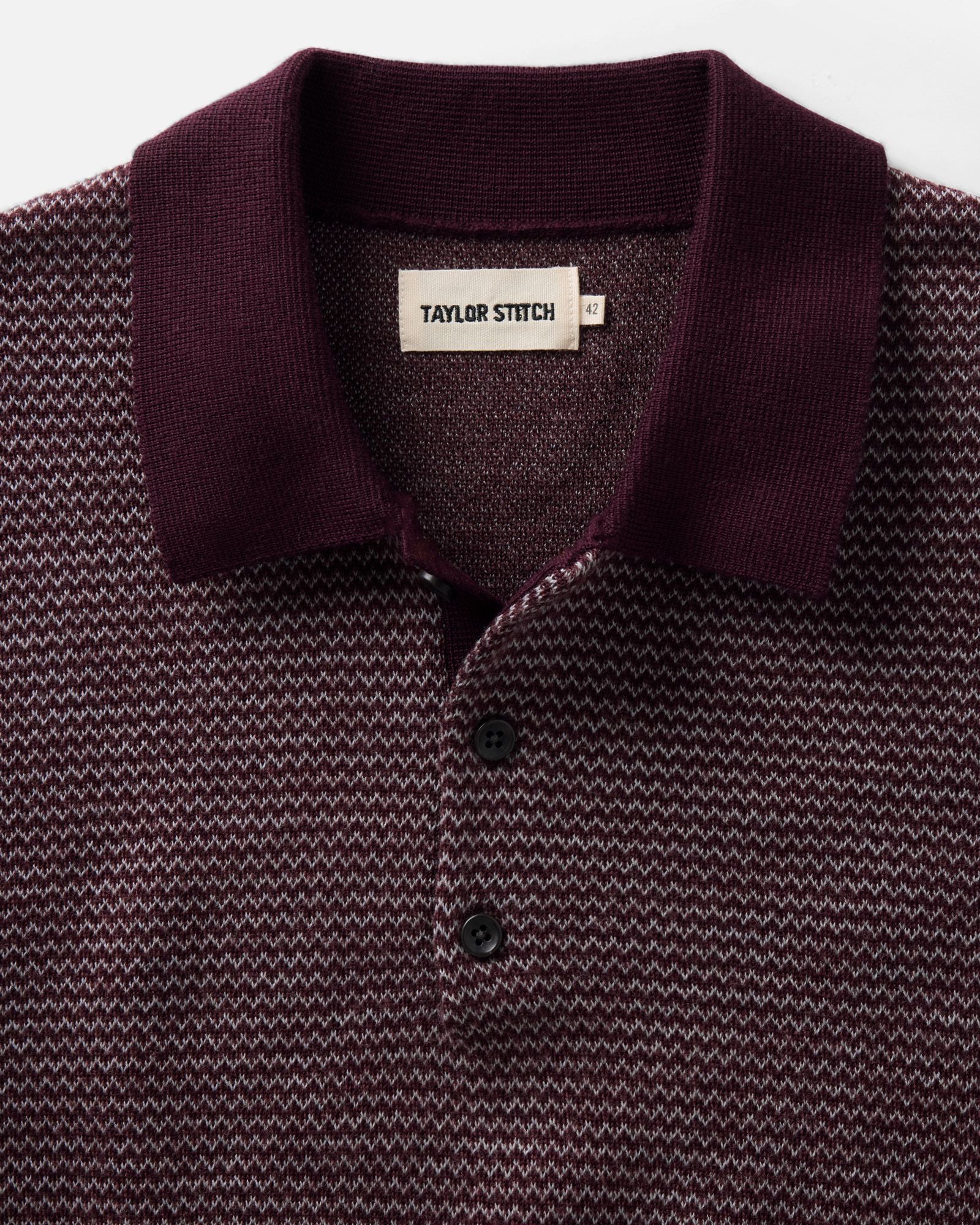 material shot of the collar on The Newton Sweater Polo in Burgundy Birdseye Merino, Knits by Taylor Stitch