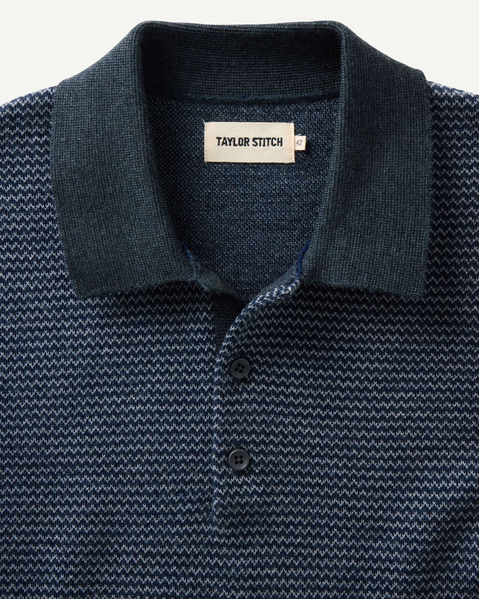material shot of the collar on The Newton Sweater Polo in Navy Birdseye Merino, Knits by Taylor Stitch