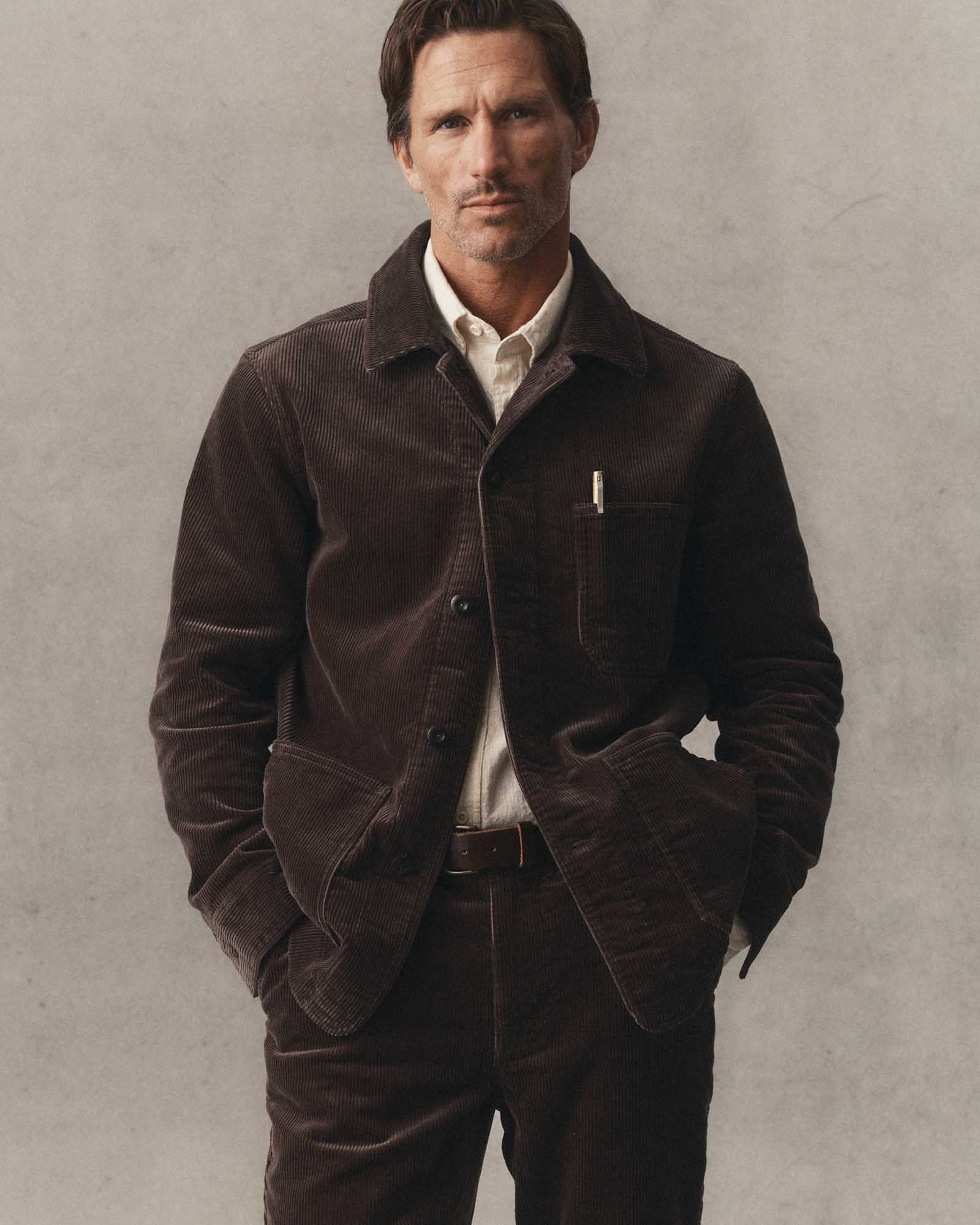 fit model posing in The Ojai Jacket in Soil Corduroy, Outerwear by Taylor Stitch
