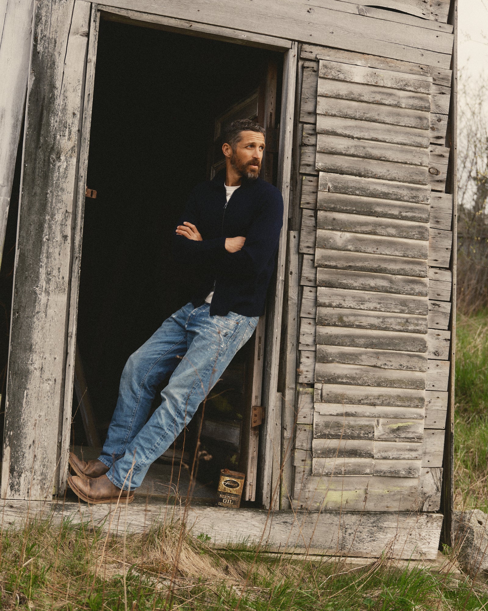 fit model showing off The Portola Sweater Jacket in Midnight Merino, Knits by Taylor Stitch