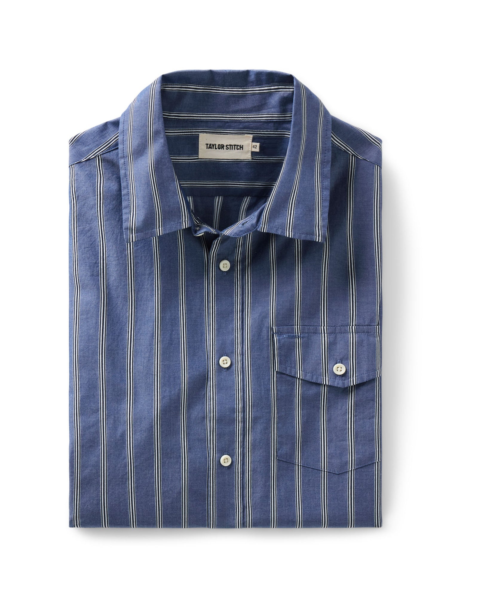 folded flatlay of The Quincy Shirt in Bay Stripe, Wovens by Taylor Stitch