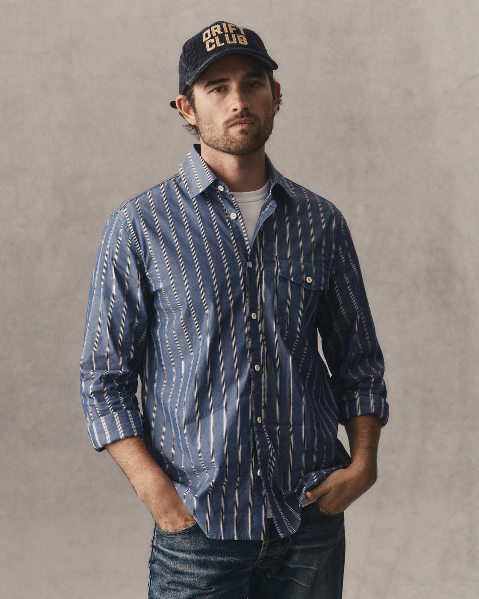 fit model showing off The Quincy Shirt in Bay Stripe, Wovens by Taylor Stitch