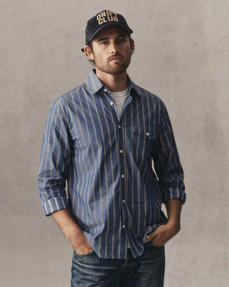fit model showing off The Quincy Shirt in Bay Stripe