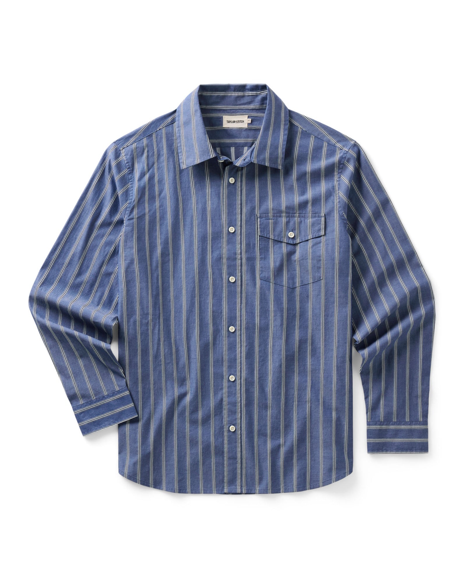 flatlay of The Quincy Shirt in Bay Stripe, Wovens by Taylor Stitch