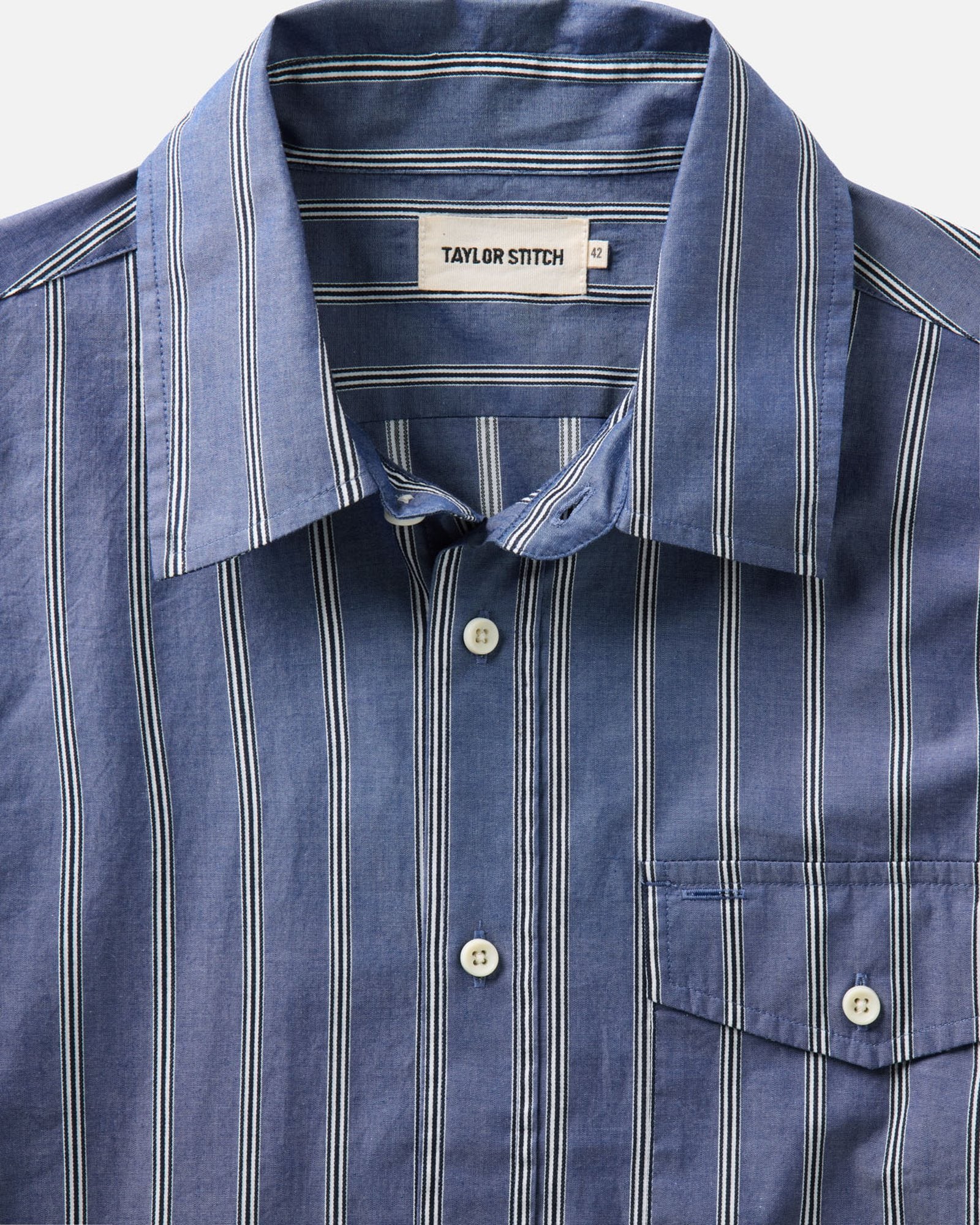material shot of the collar on The Quincy Shirt in Bay Stripe, Wovens by Taylor Stitch