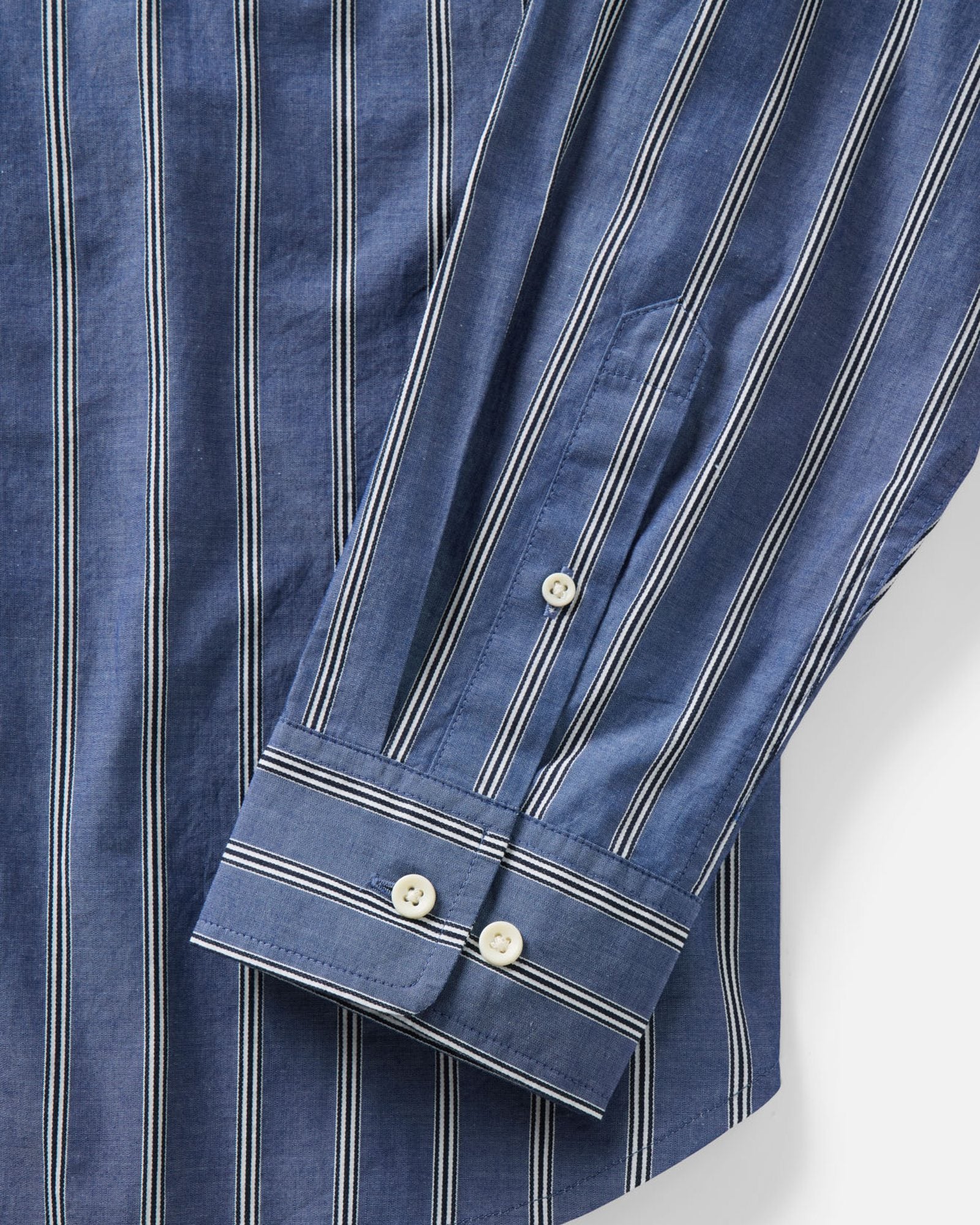 material shot of the sleeve on The Quincy Shirt in Bay Stripe, Wovens by Taylor Stitch