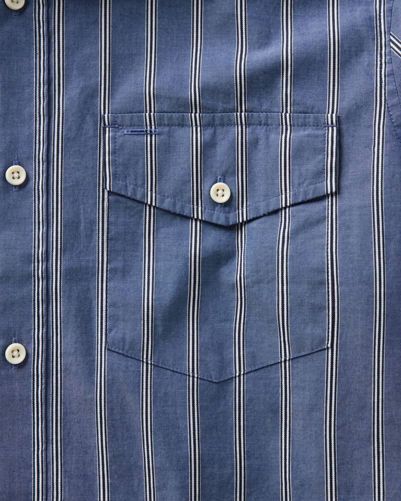 material shot of the pocket on The Quincy Shirt in Bay Stripe, Wovens by Taylor Stitch