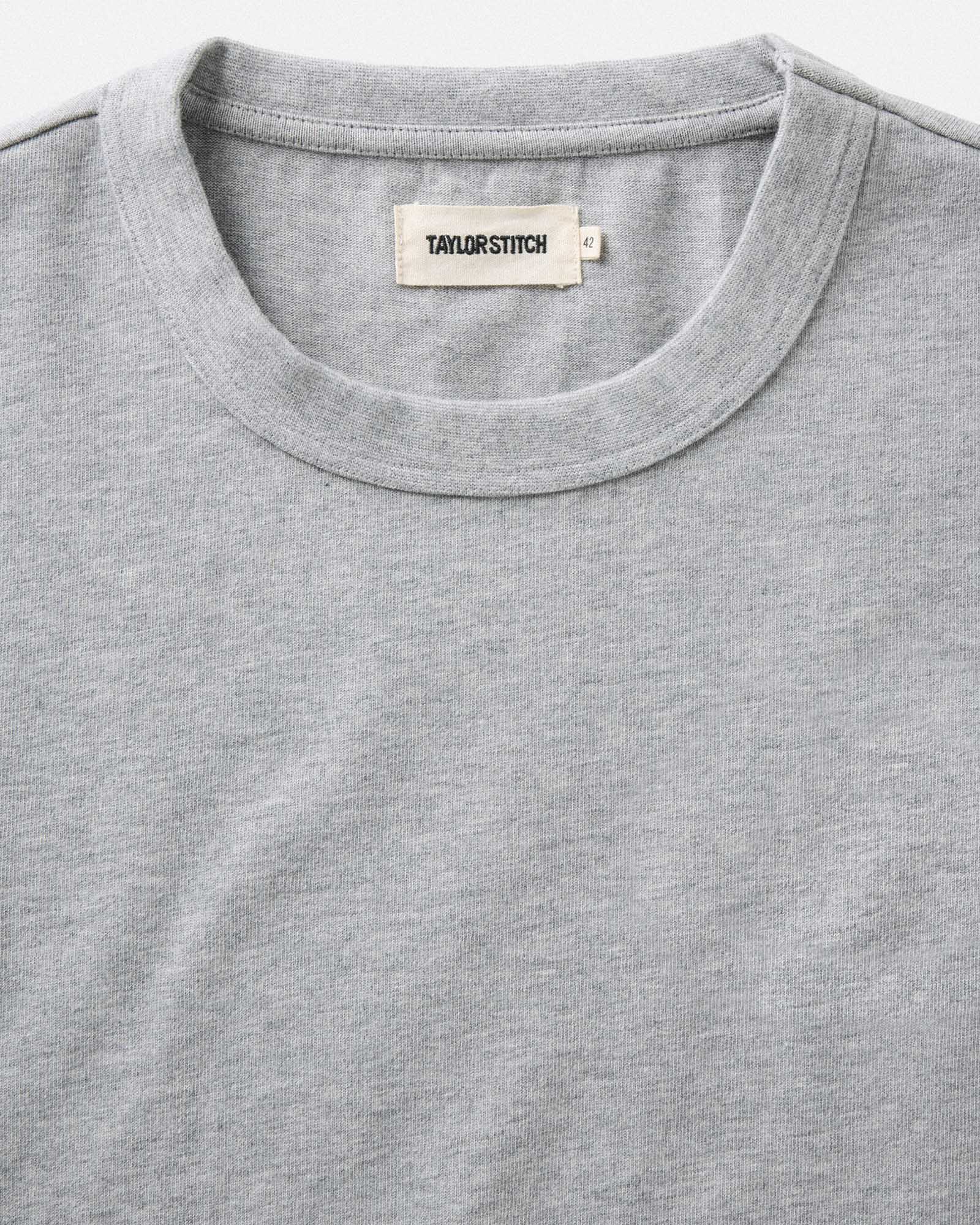 material shot of the collar on The Organic Cotton Shop Tee in Heather Grey, Knits by Taylor Stitch