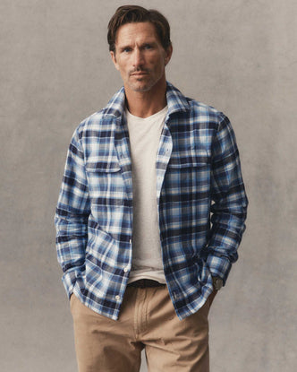 fit model posing in The Shore Shirt in Deepwater Check Portuguese Flannel