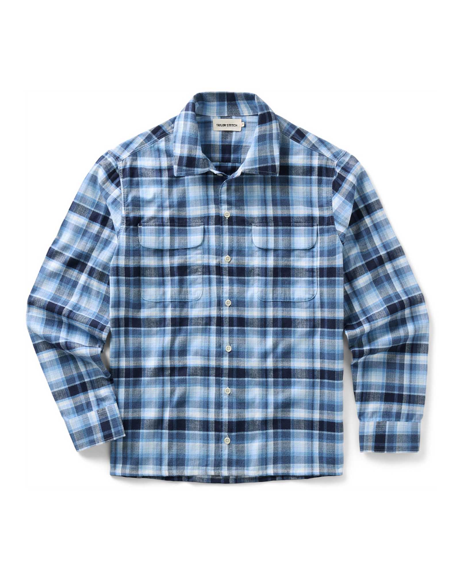 flatlay of The Shore Shirt in Deepwater Check Portuguese Flannel, Wovens by Taylor Stitch