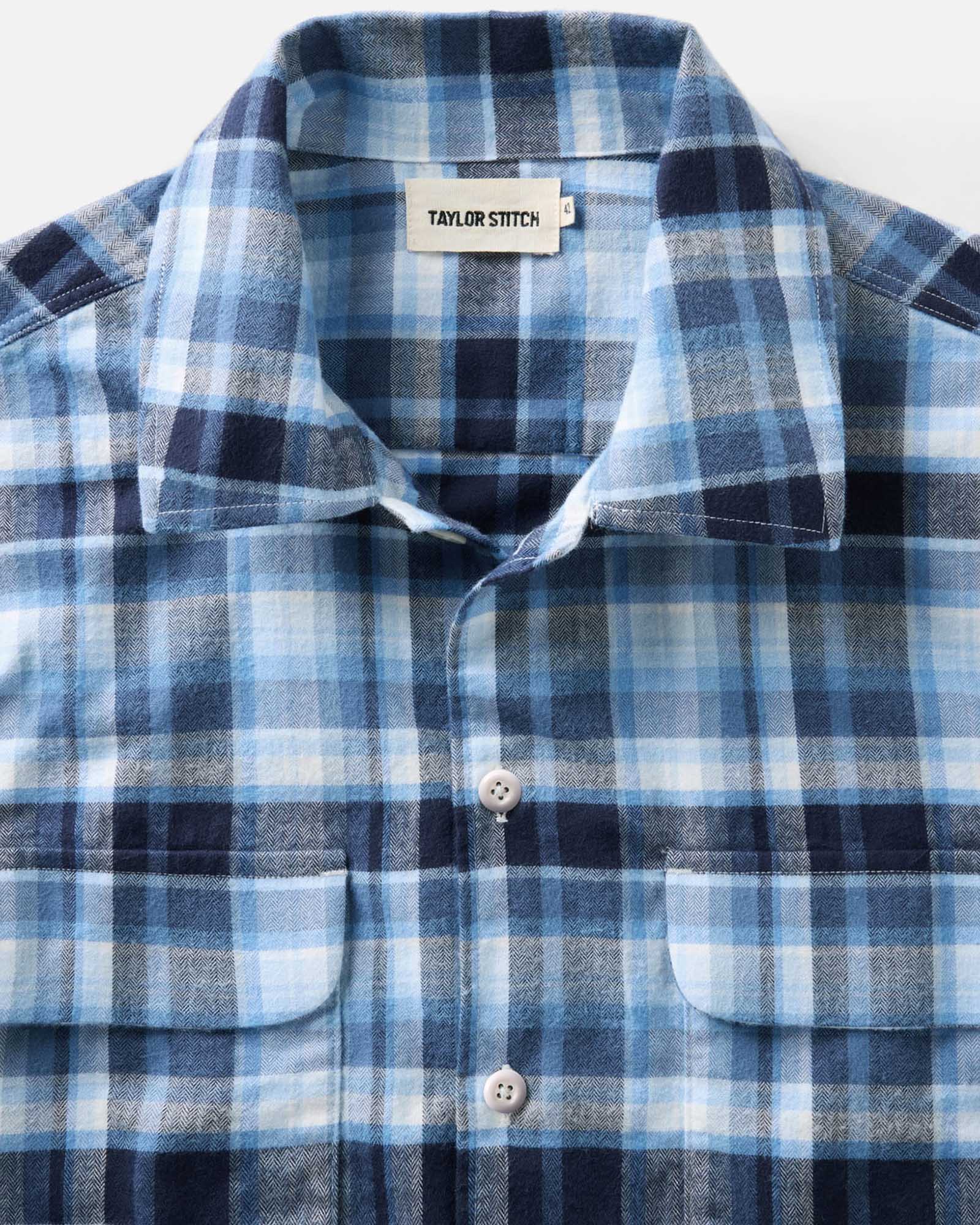 material shot of the collar on The Shore Shirt in Deepwater Check Portuguese Flannel, Wovens by Taylor Stitch