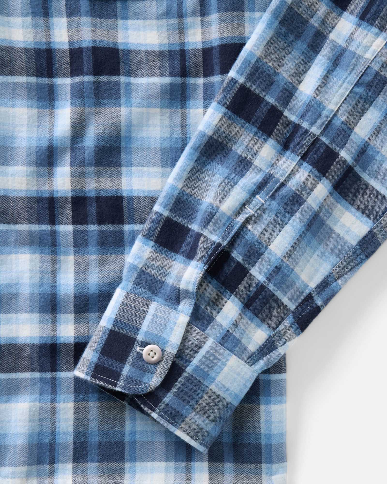 material shot of the sleeve on The Shore Shirt in Deepwater Check Portuguese Flannel, Wovens by Taylor Stitch