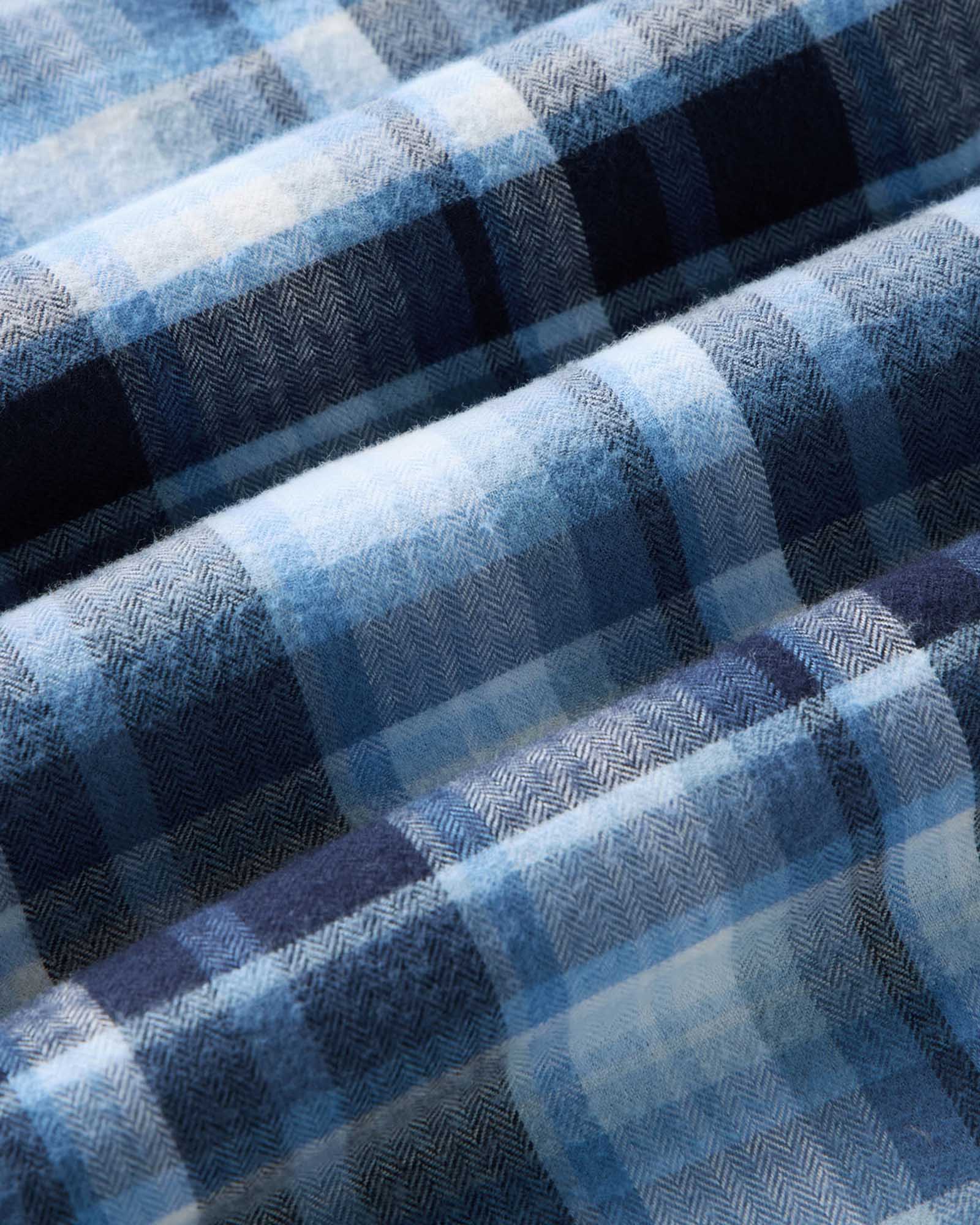 material shot of the fabric on The Shore Shirt in Deepwater Check Portuguese Flannel, Wovens by Taylor Stitch