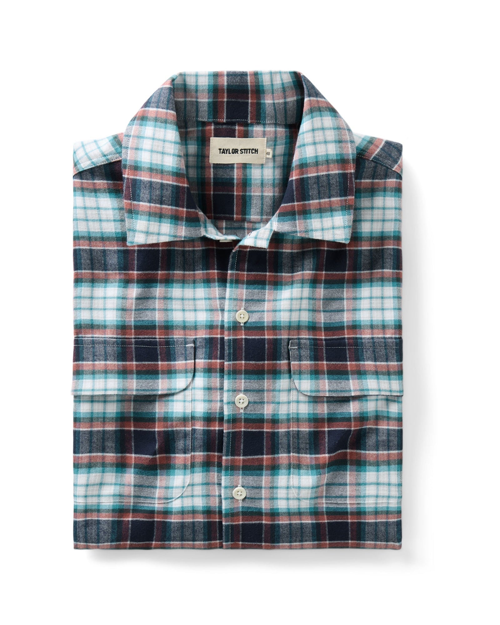 folded flatlay of The Shore Shirt in Harbor Check Portuguese Flannel, Wovens by Taylor Stitch