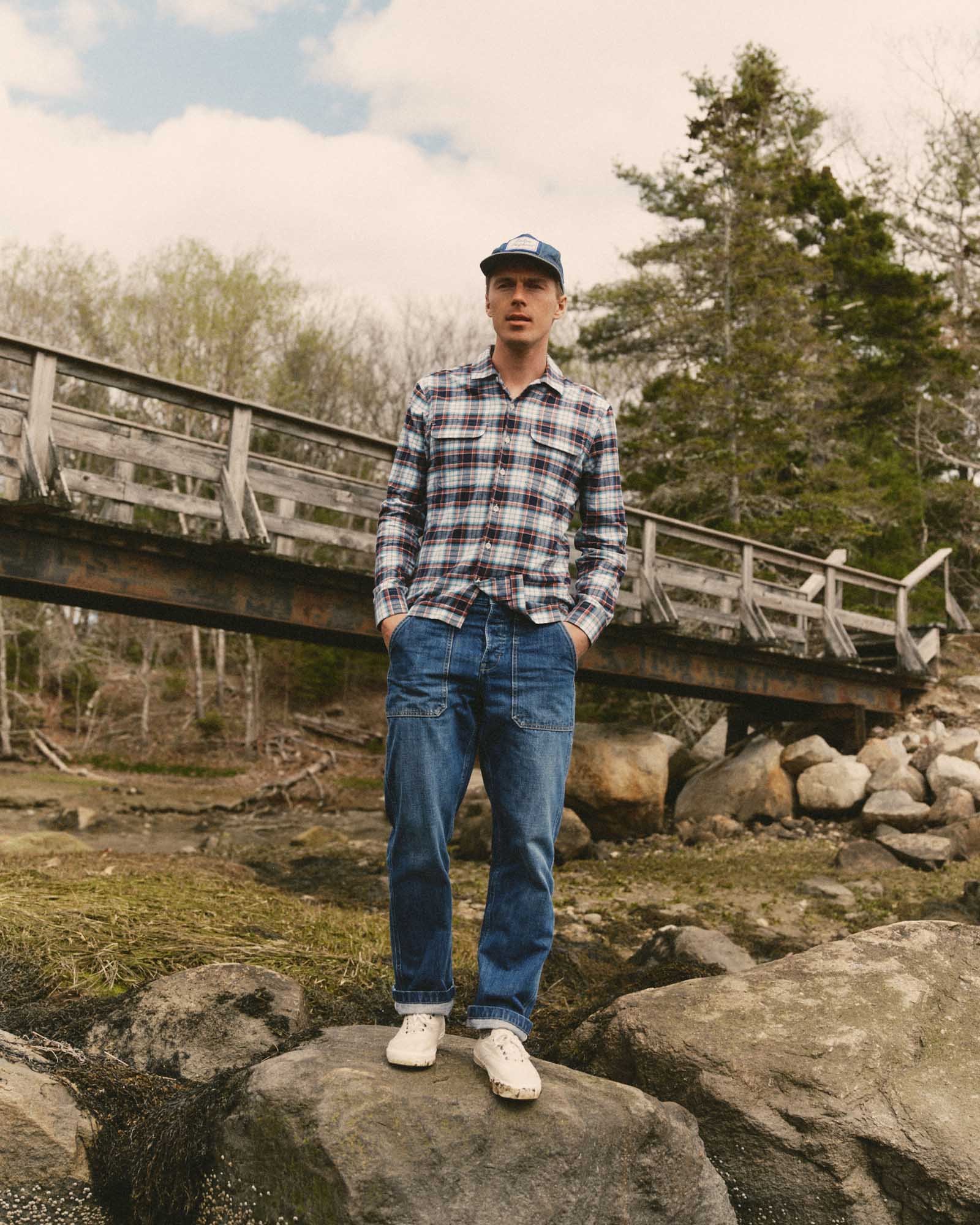fit model showing off The Shore Shirt in Harbor Check Portuguese Flannel, Wovens by Taylor Stitch