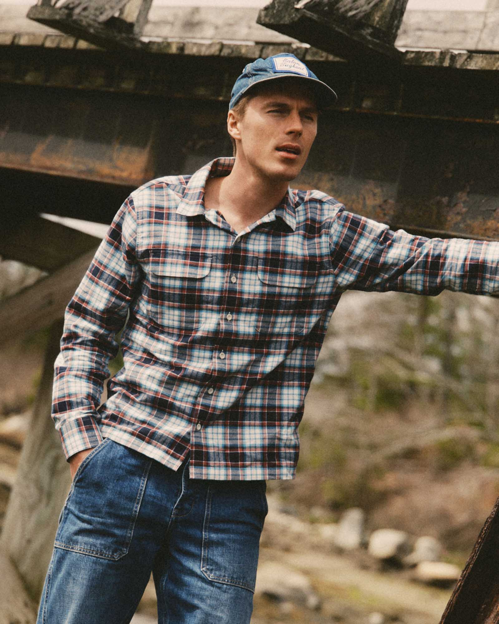 fit model wearing The Shore Shirt in Harbor Check Portuguese Flannel, Wovens by Taylor Stitch