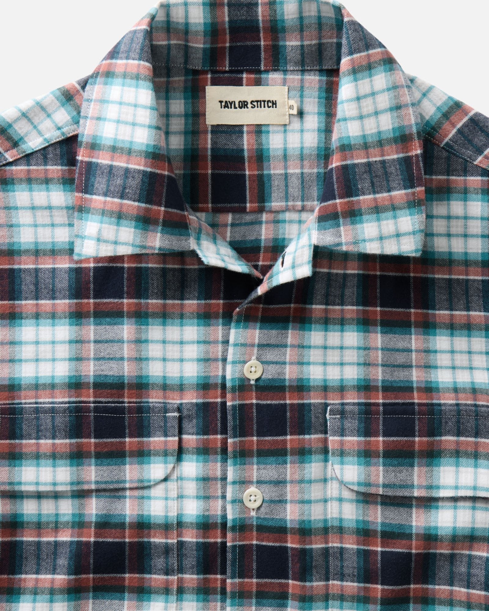material shot of the collar on The Shore Shirt in Harbor Check Portuguese Flannel, Wovens by Taylor Stitch