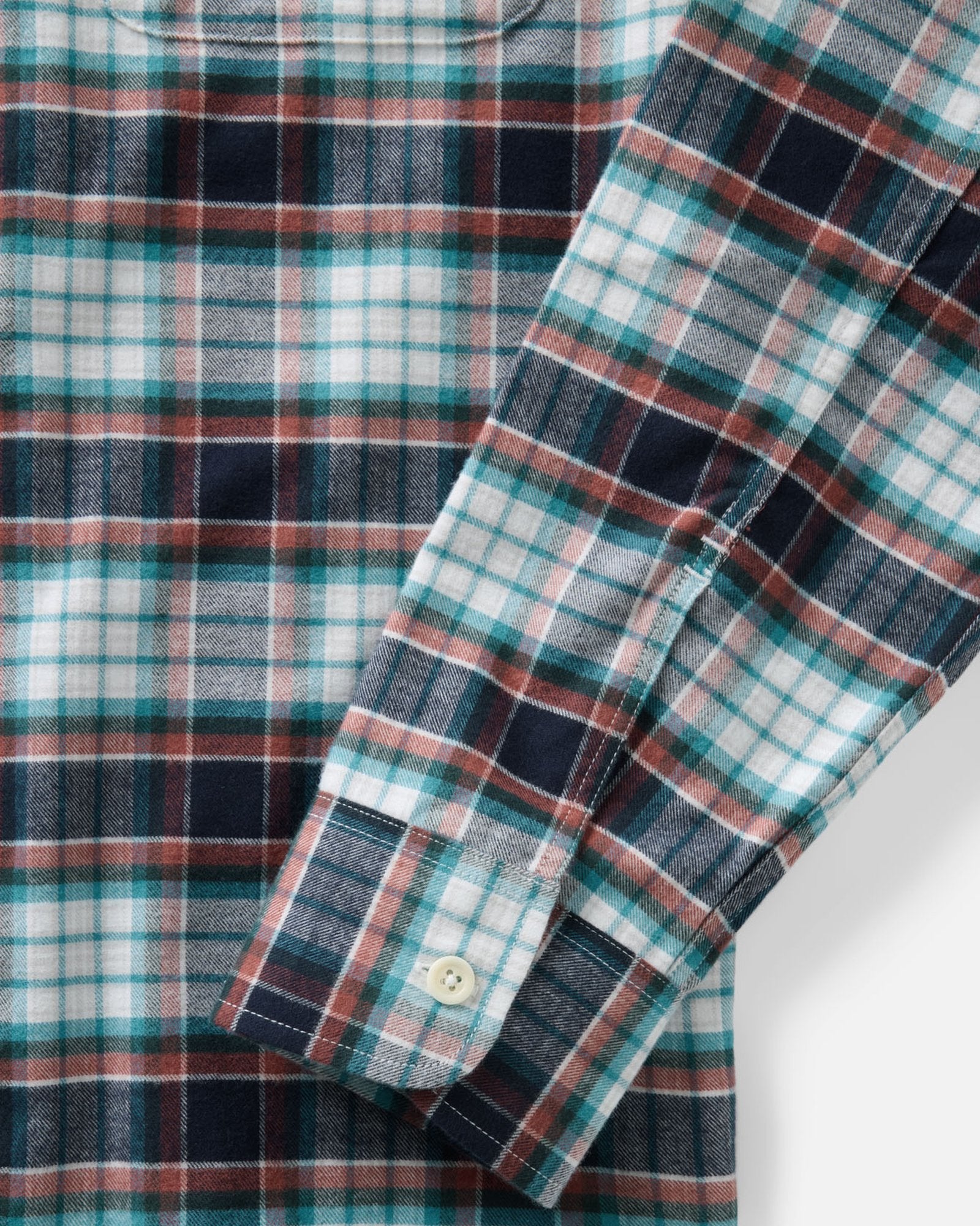 material shot of the sleeve on The Shore Shirt in Harbor Check Portuguese Flannel, Wovens by Taylor Stitch